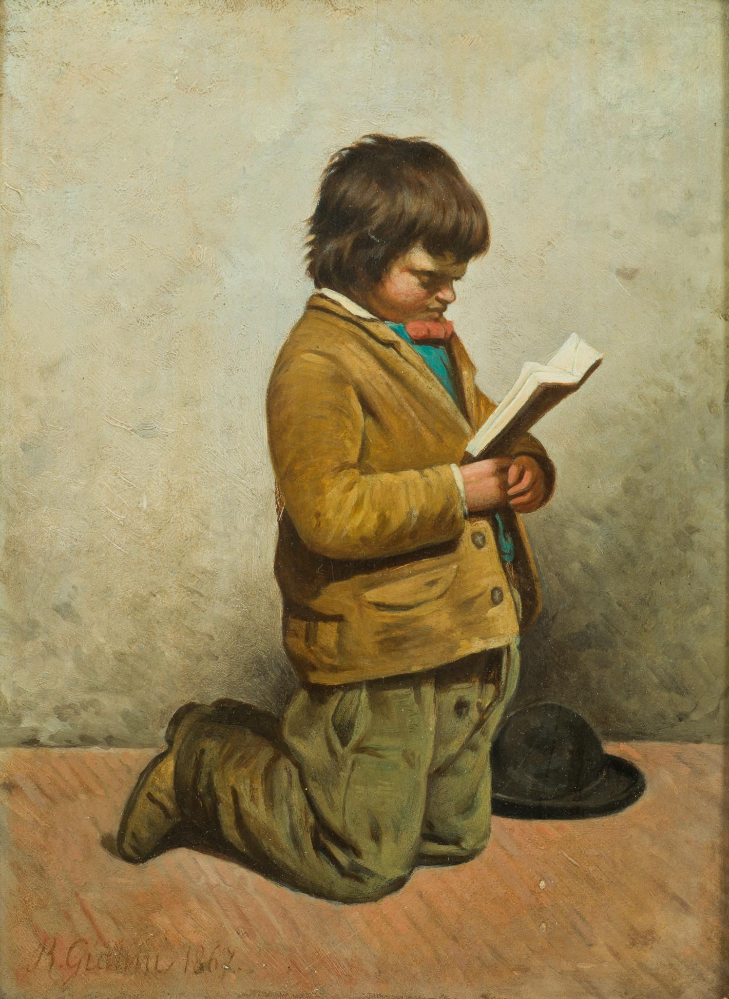 A Boy and His Book de l'artiste italien Bernadino Giani - Réalisme Painting par Bernadino Giani 