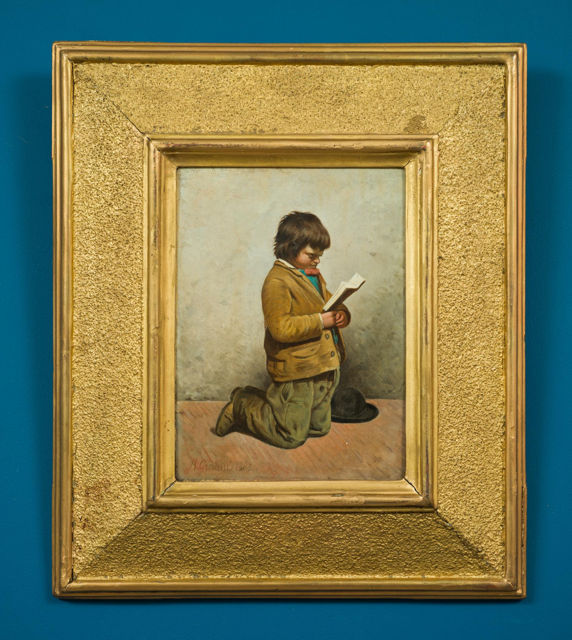 A Boy and His Book de l'artiste italien Bernadino Giani - Marron Portrait Painting par Bernadino Giani 
