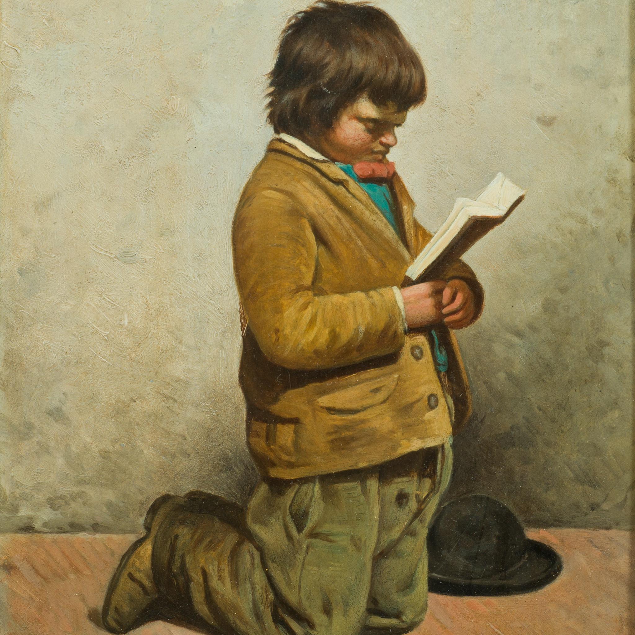 Nous avons le plaisir de vous proposer cette charmante et rare peinture à l'huile de l'artiste italien Bernardino Giani (1823-1886), datée de 1867. Le tableau représente un jeune garçon agenouillé sur le sol, profondément absorbé par la lecture d'un