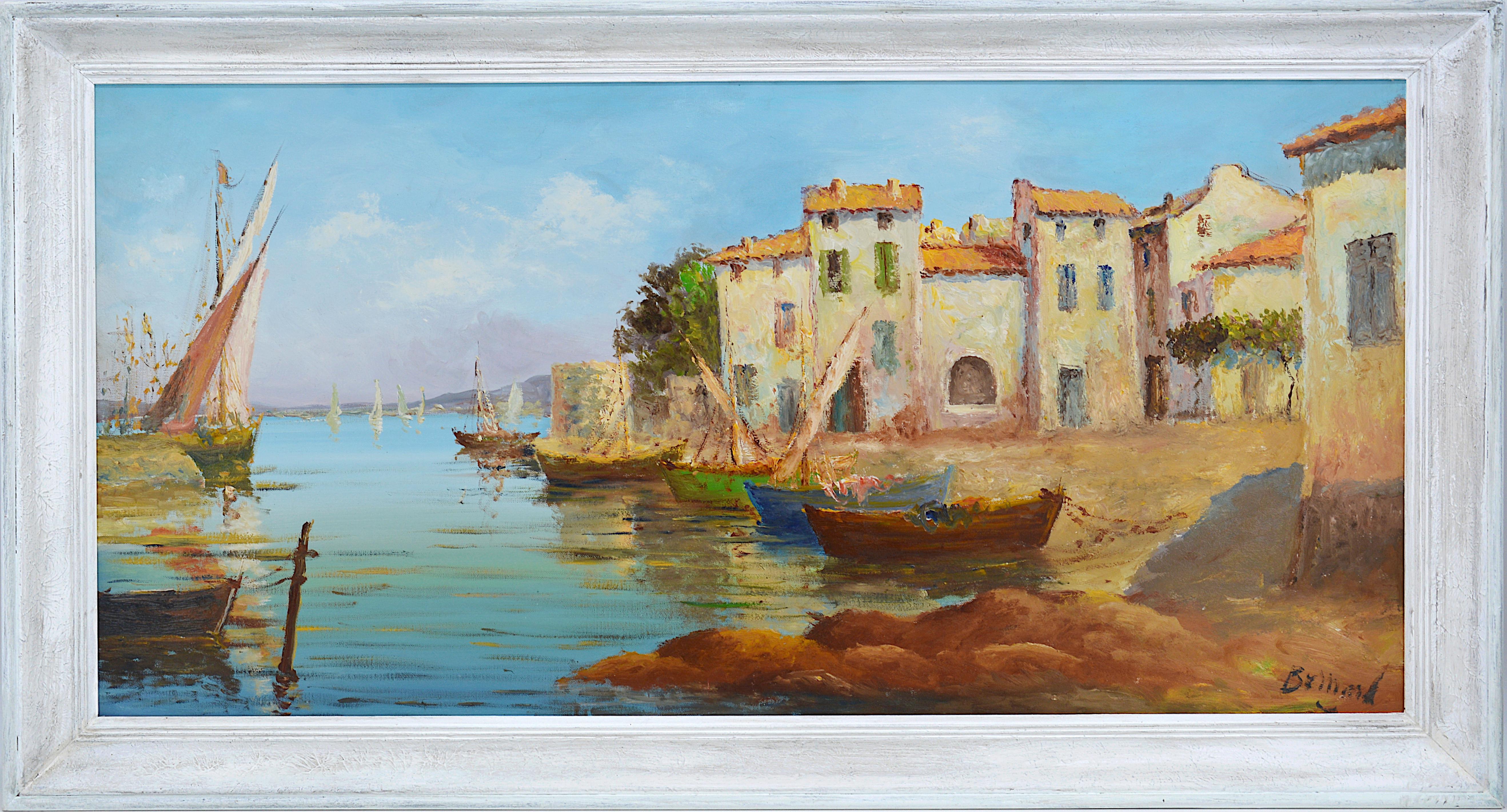 French Mediterranean Provencal Oil On Canvas, Boats in Martigues, 1940-1950s