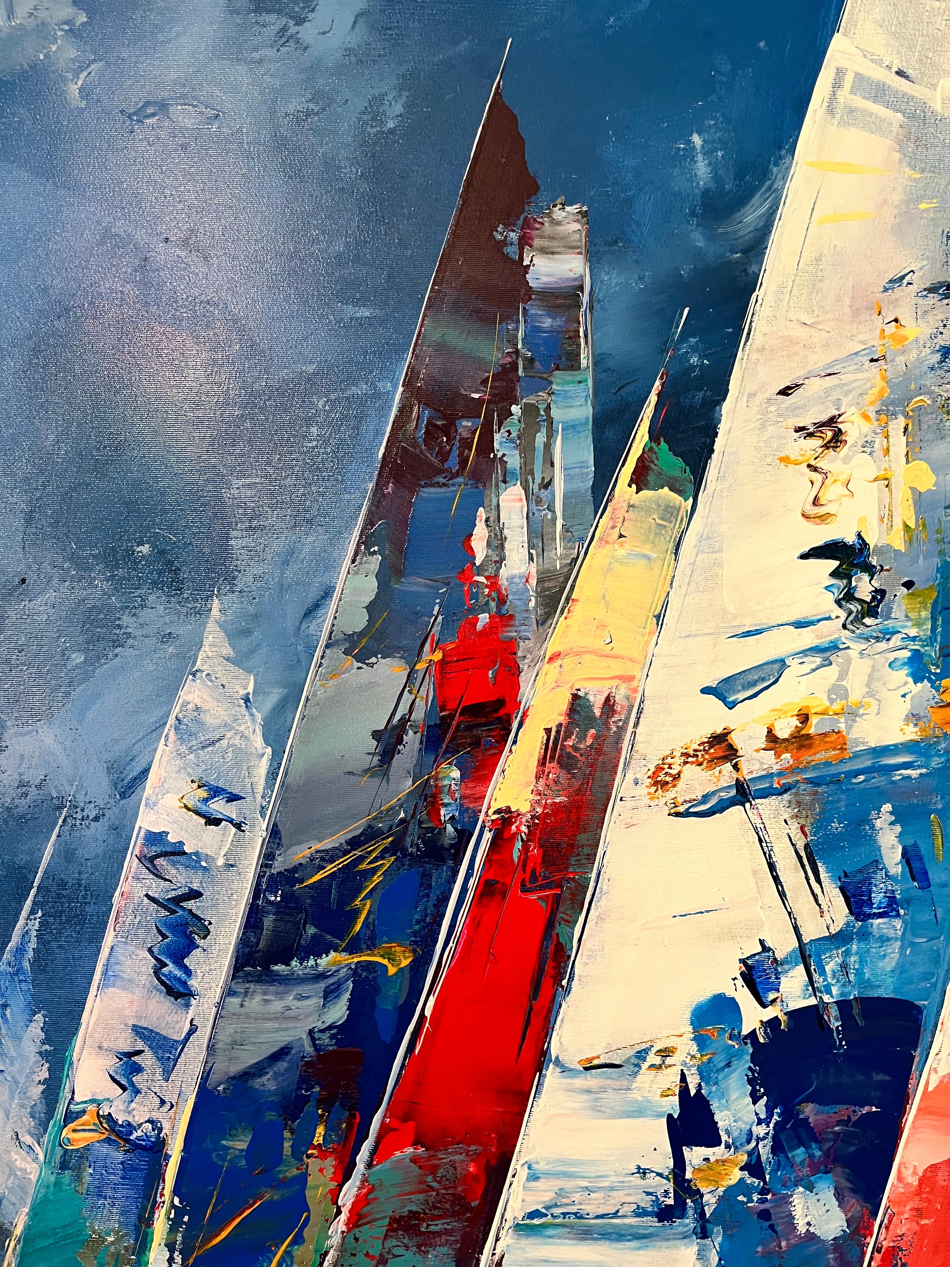 'Ferocious Seas' by Contemporary Spanish artist Bernard. A vibrant and bold painting of sail boats on the open water. Colourful sails of red, green, blue and white make for a work that jumps off the wall, the perfect piece in any interior setting.