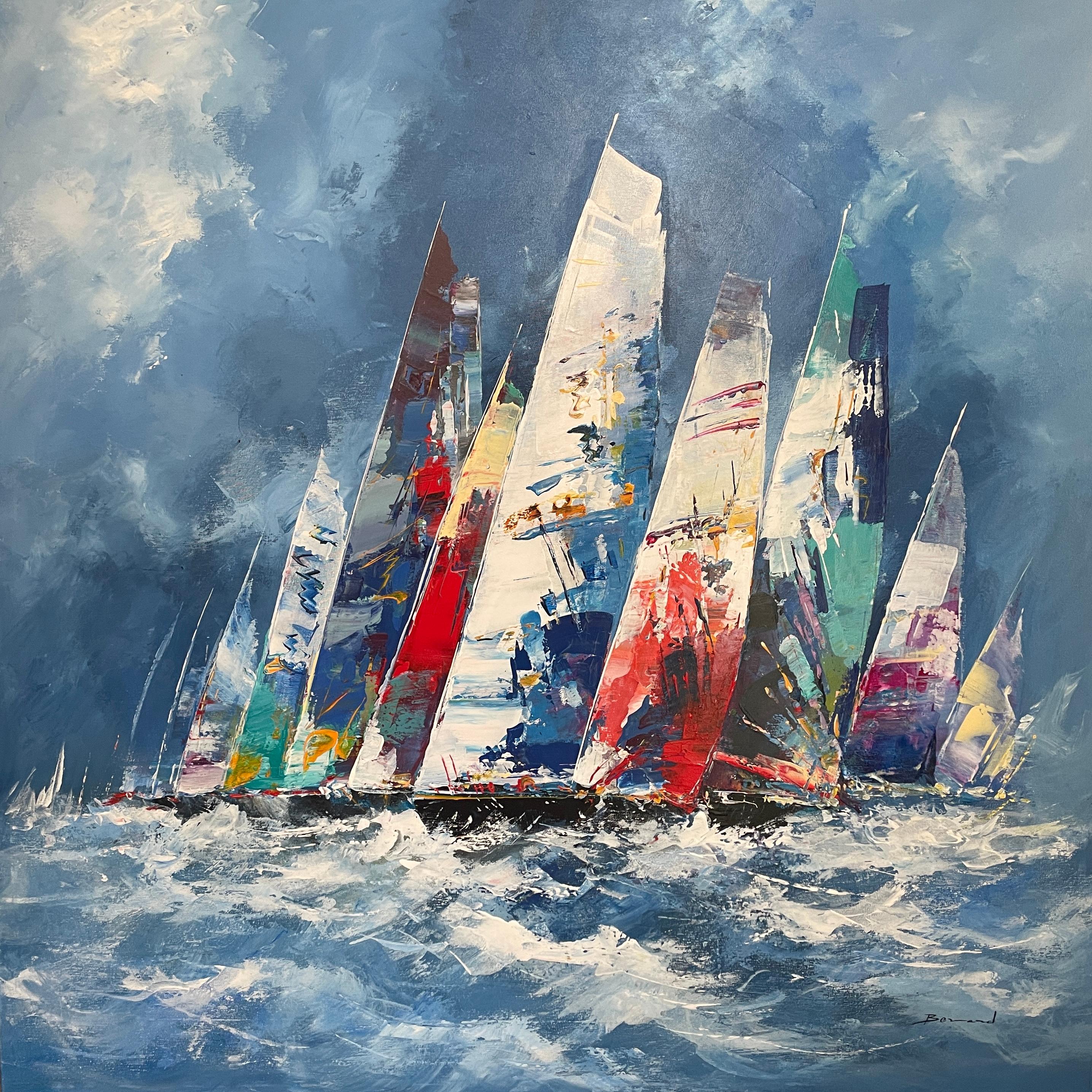 Bernard Abstract Painting - 'Ferocious Seas' Contemporary Abstract painting of sail boats on the sea, blue