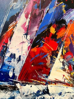 'Moody Seas' Contemporary Painting of Colourful sail boats on water, blue, red