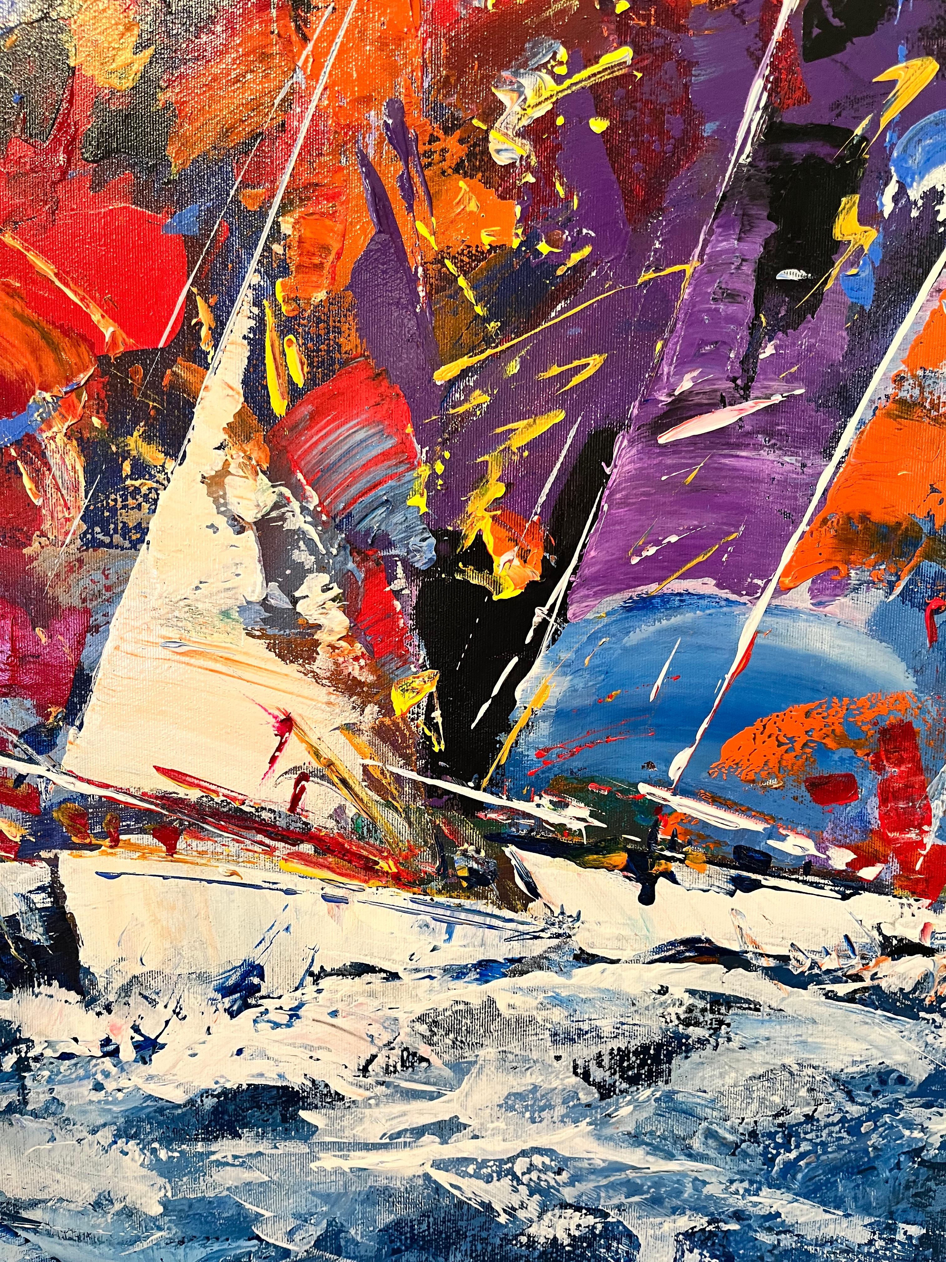 'Moody Seas' by Spanish artist Bernard. Contemporary Painting of Colourful sail boats of blue, red and purple out on the open water. The sea is ferocious, you can almost hear the crashing waves. The bold and vibrant colours make for a piece that