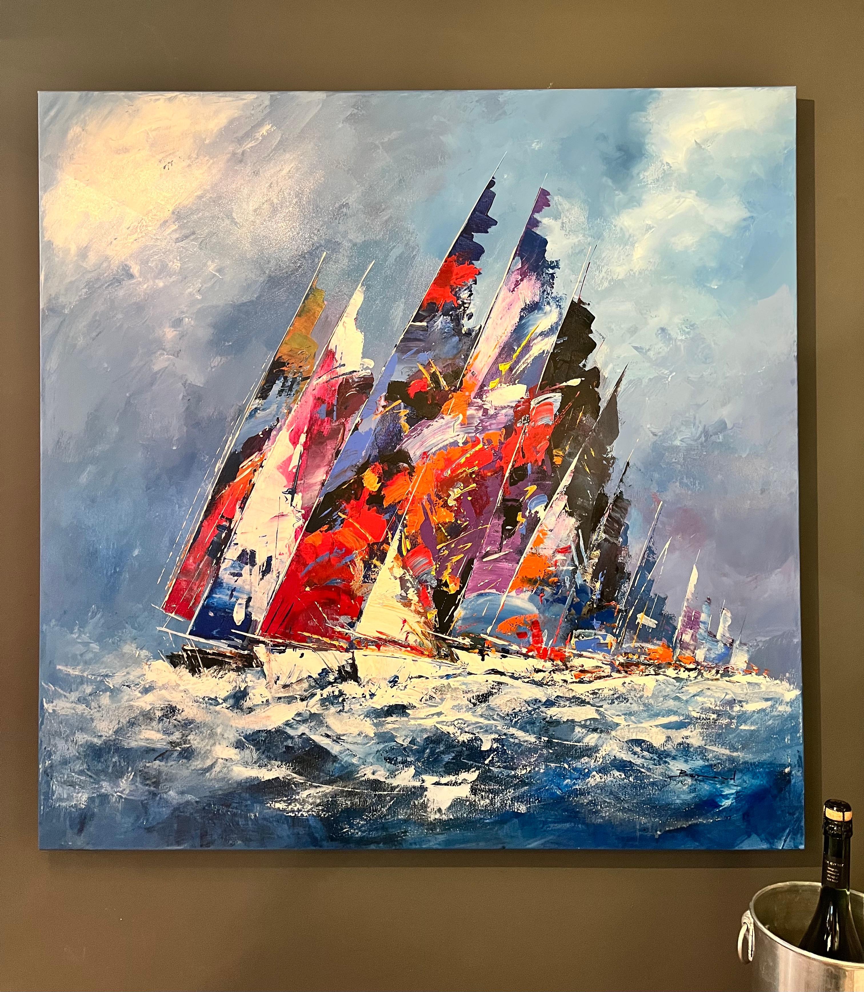 'Moody Seas' Contemporary Painting of Colourful sail boats on water, blue, red For Sale 3