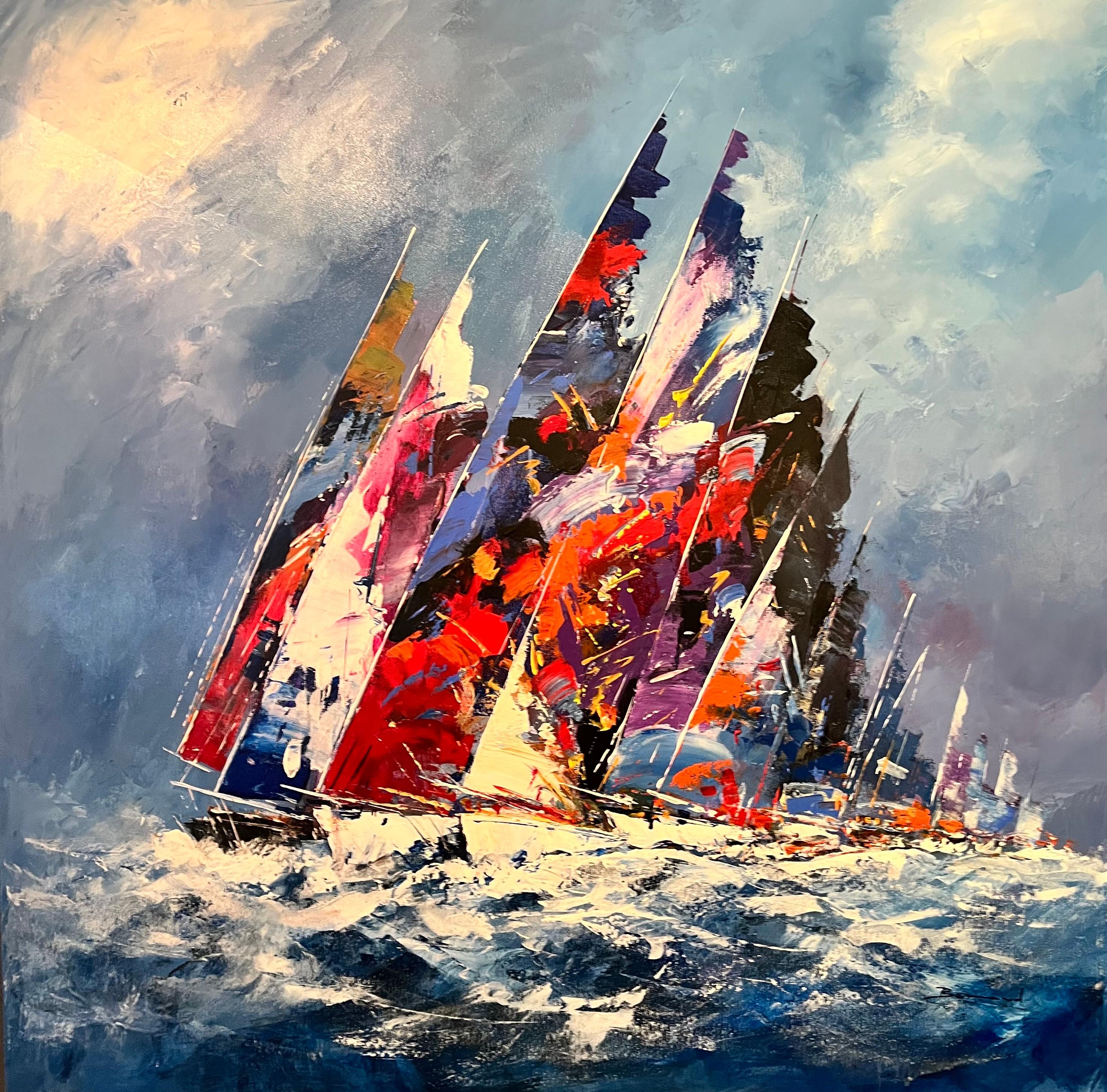 Bernard Abstract Painting - 'Moody Seas' Contemporary Painting of Colourful sail boats on water, blue, red
