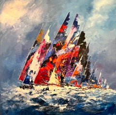 Zeitgenössisches Gemälde „Moody Seas“ mit bunten Segelbooten auf Wasser, blau, rot
