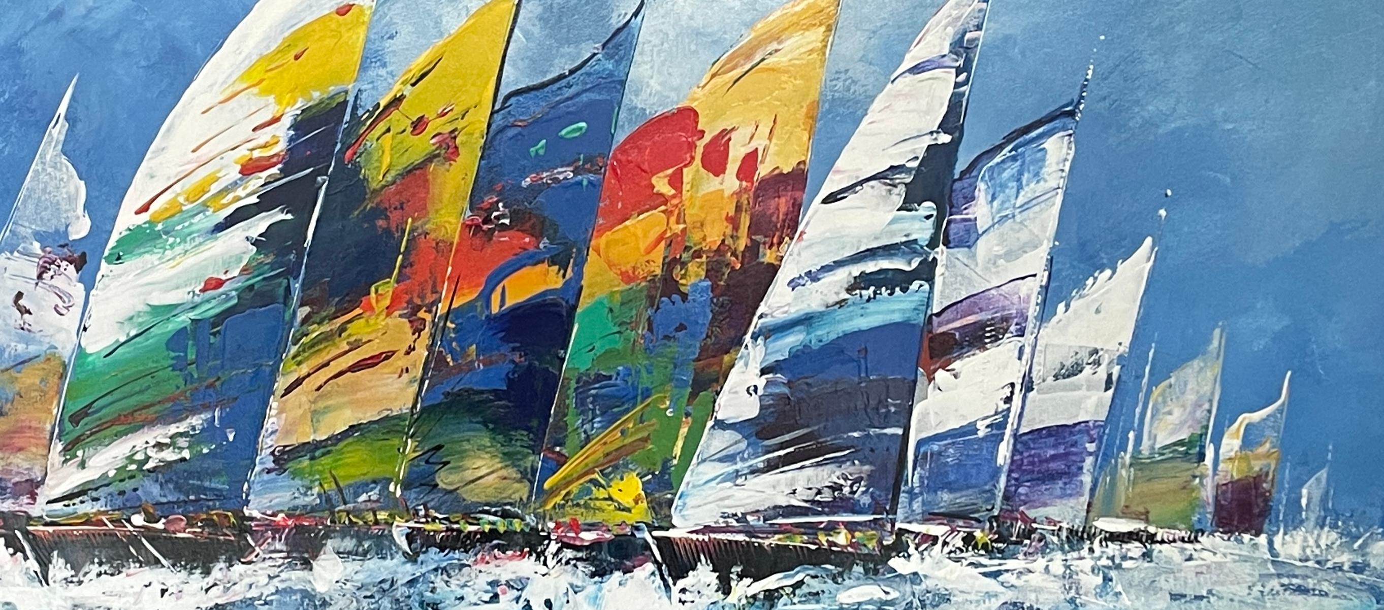 'Sailing to the Seas' Contemporary Colourful painting of sail boats on the water - Painting by Bernard