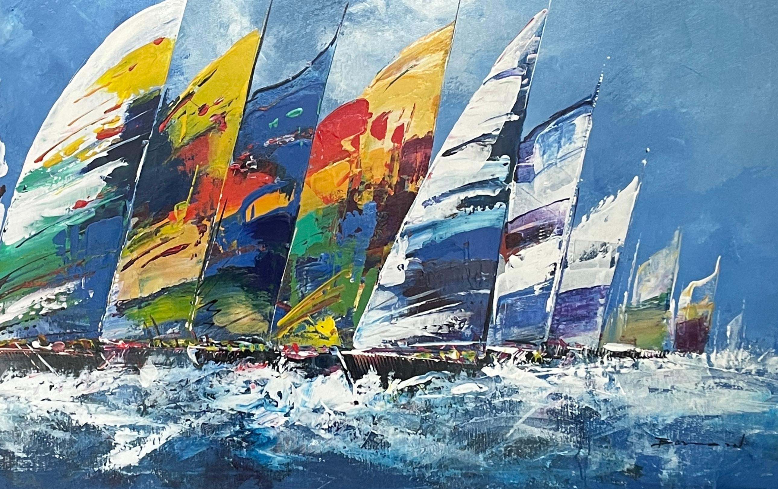 Zeitgenössisches farbenfrohes Gemälde „Seiling to the Seas“ mit Segelbooten auf dem Wasser im Angebot 1
