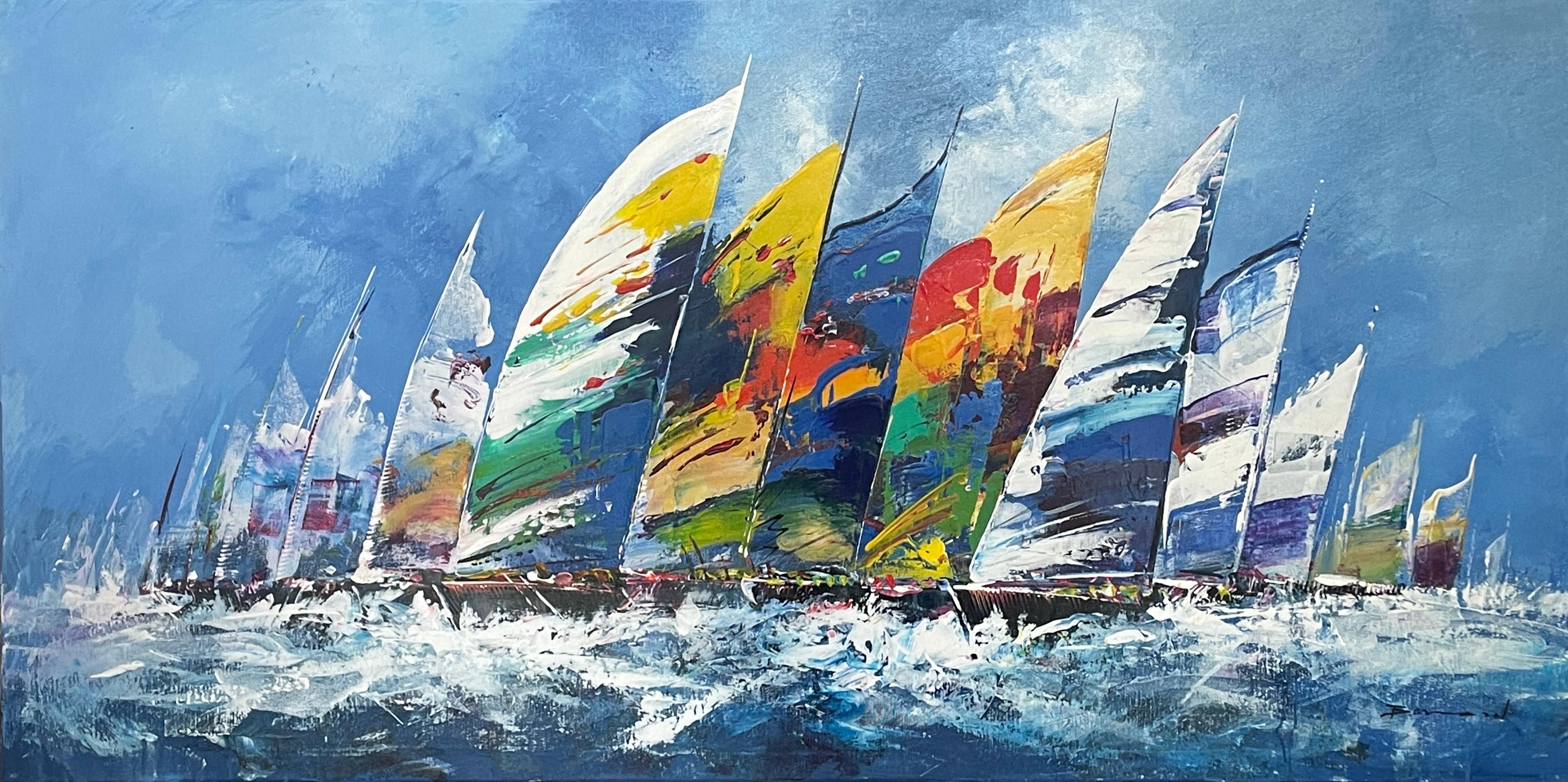 Bernard Landscape Painting – Zeitgenössisches farbenfrohes Gemälde „Seiling to the Seas“ mit Segelbooten auf dem Wasser