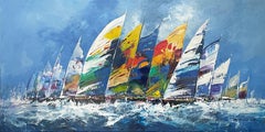 Zeitgenössisches farbenfrohes Gemälde „Seiling to the Seas“ mit Segelbooten auf dem Wasser