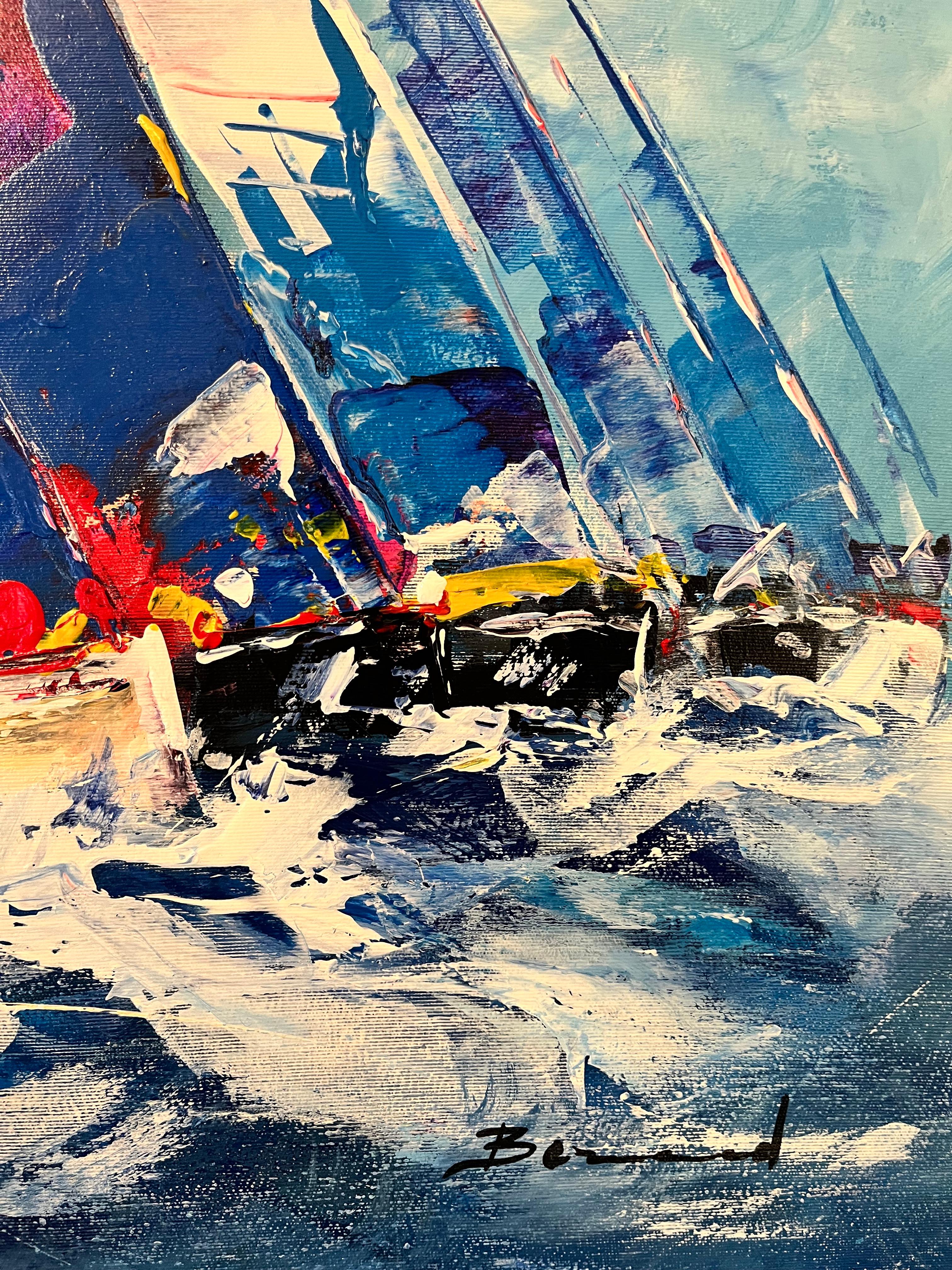 'Sails to the Wind' Contemporary colourful blue, red painting of sail boats, sea - Painting by Bernard