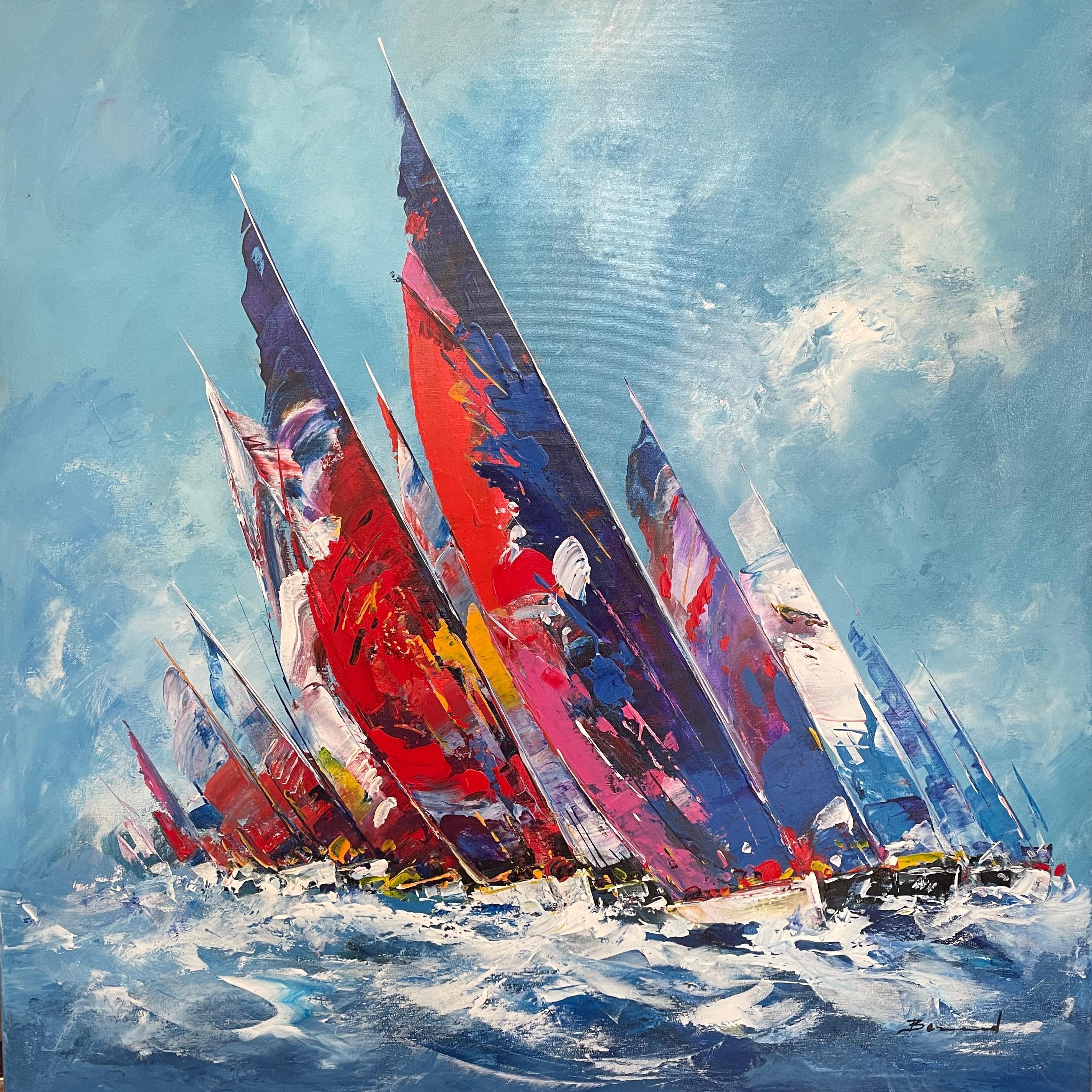 Bernard Landscape Painting - 'Sails to the Wind' Contemporary colourful blue, red painting of sail boats, sea