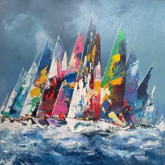 'The Line Up' Contemporary Colourful painting of sail boats on the sea, waves