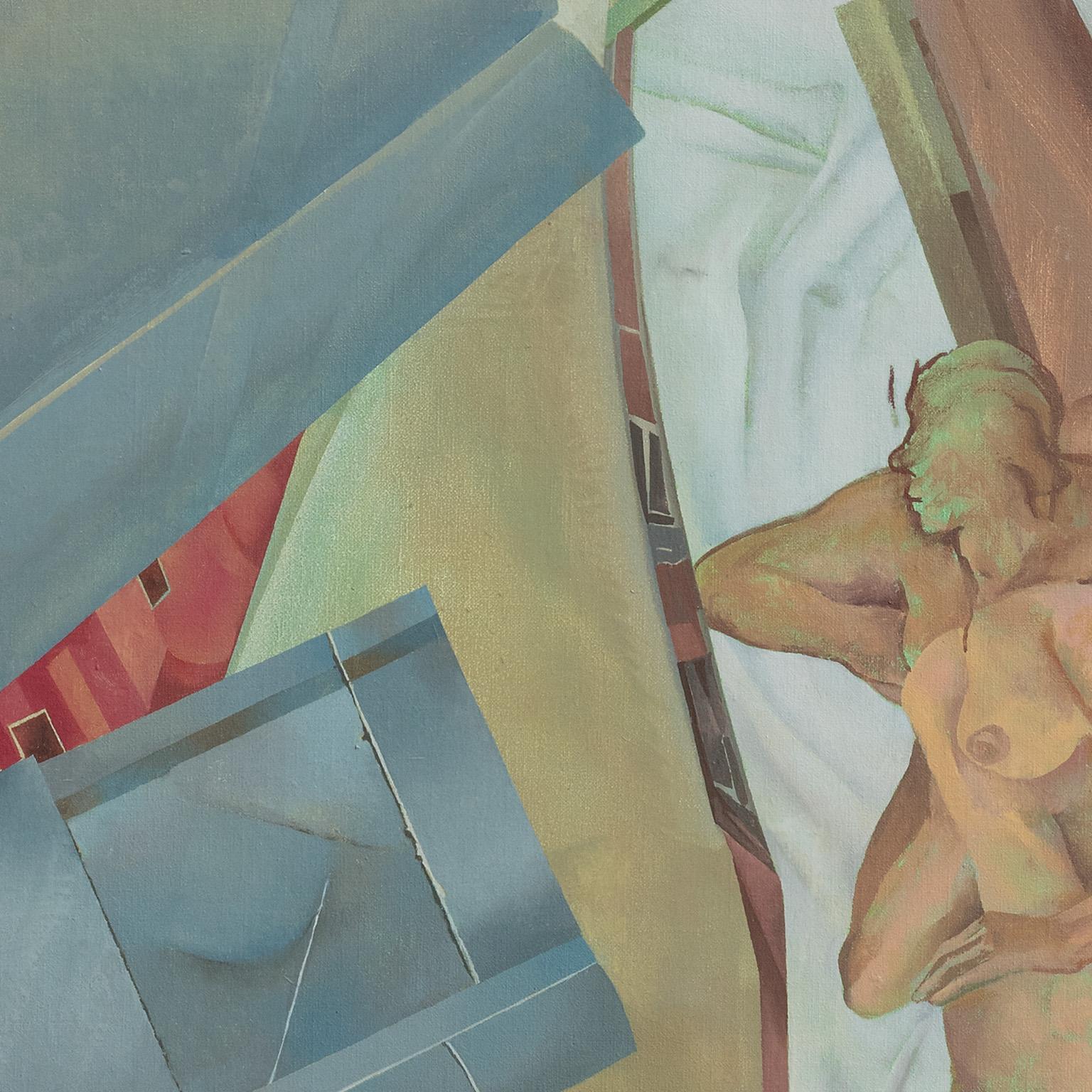 La ciudad que acelera se convierte en carne - Pintura figurativa con colores pastel - Painting de Bernard Aptekar