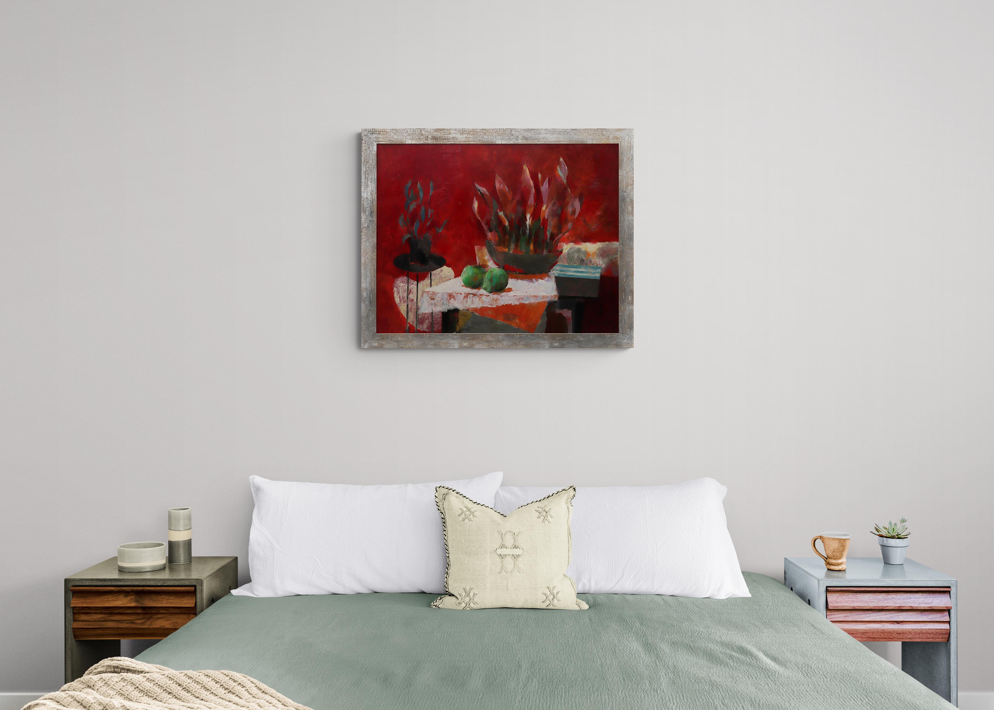 Nature morte moderne américaine des années 1950 à l'huile avec motifs floraux, rose rouge 7