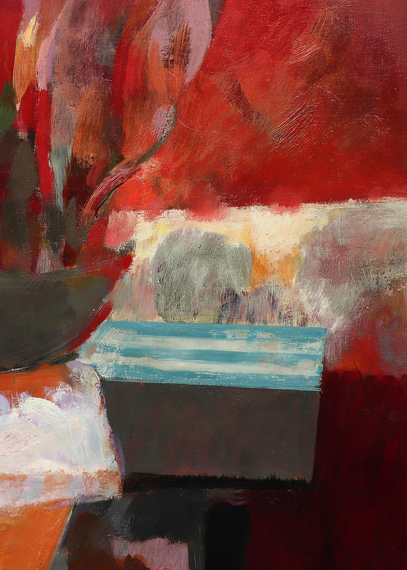 Nature morte moderne américaine des années 1950 à l'huile avec motifs floraux, rose rouge - Modernisme américain Painting par Bernard Arnest