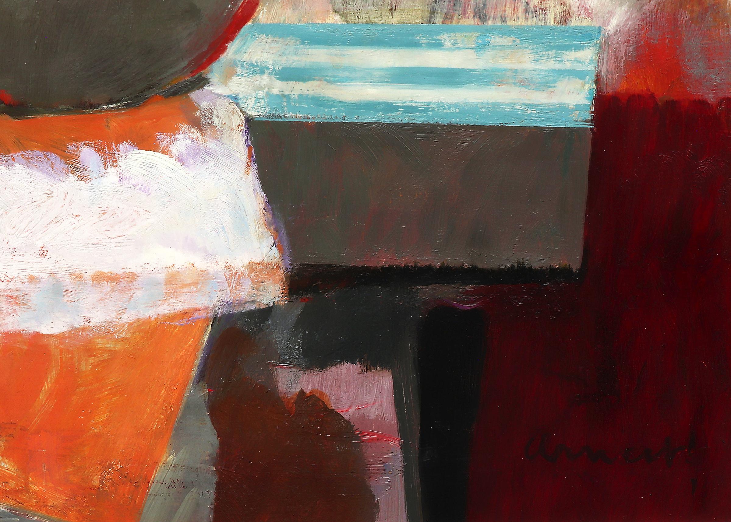 Peinture moderne à l'huile sur carton signée par l'artiste Bernard Arnest (1917-1986), datant de 1953. Composition de nature morte avec deux arrangements floraux et deux pommes vertes ; peinte dans des tons audacieux de rouge, rose, bleu, orange et