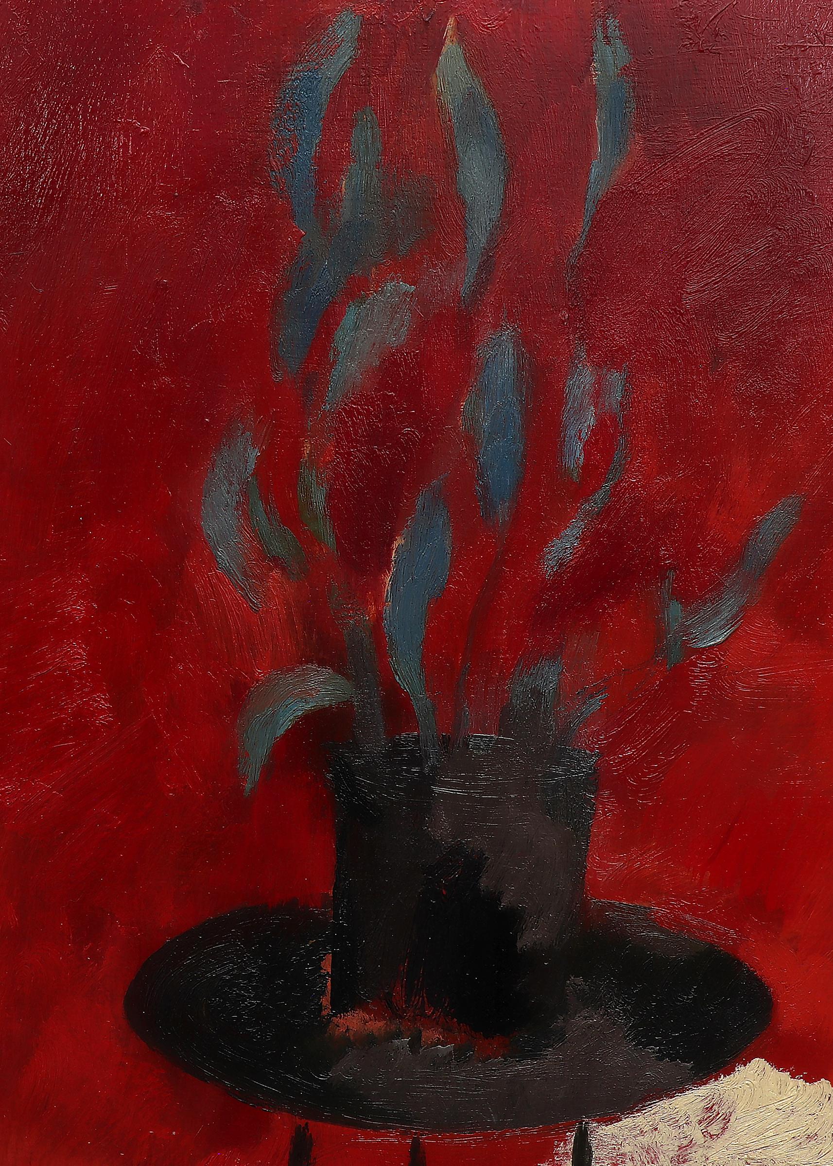 Nature morte moderne américaine des années 1950 à l'huile avec motifs floraux, rose rouge 1