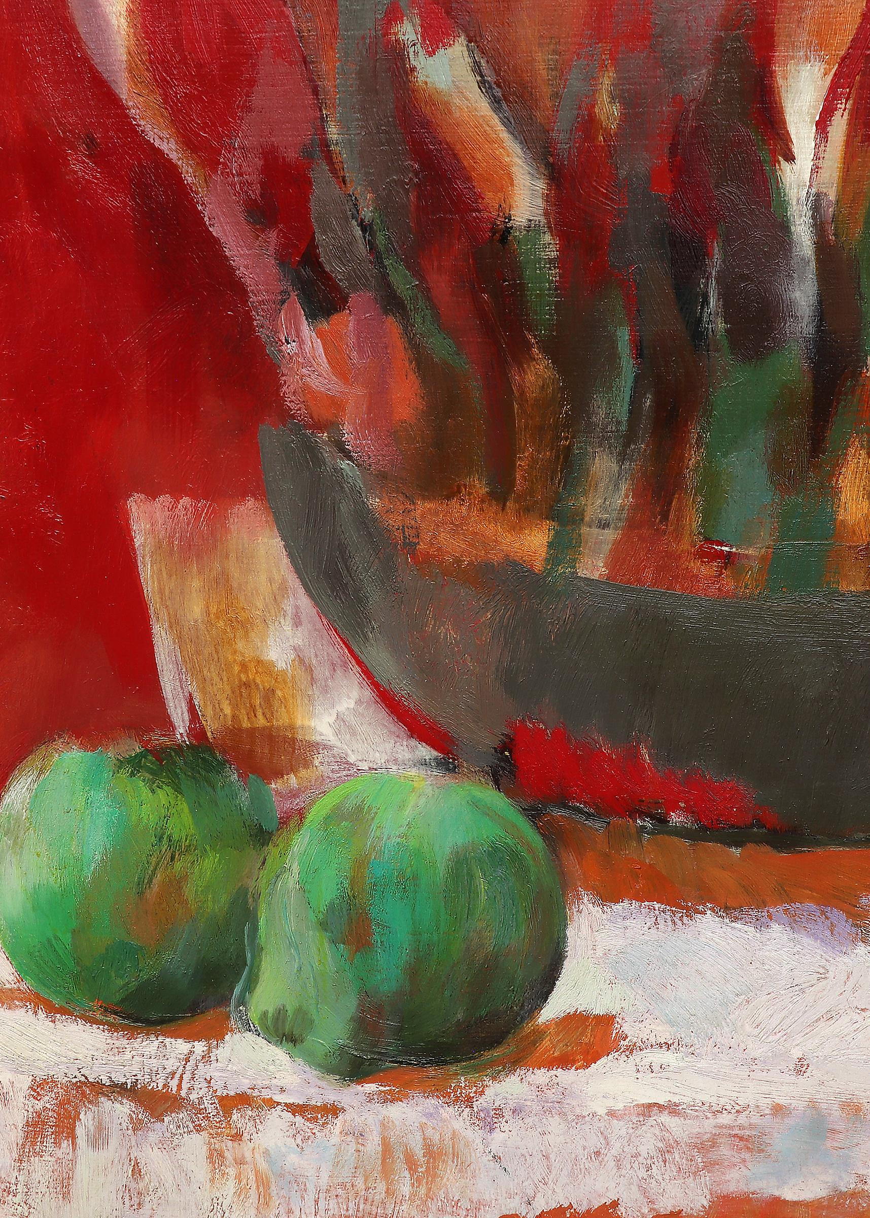 Nature morte moderne américaine des années 1950 à l'huile avec motifs floraux, rose rouge 2