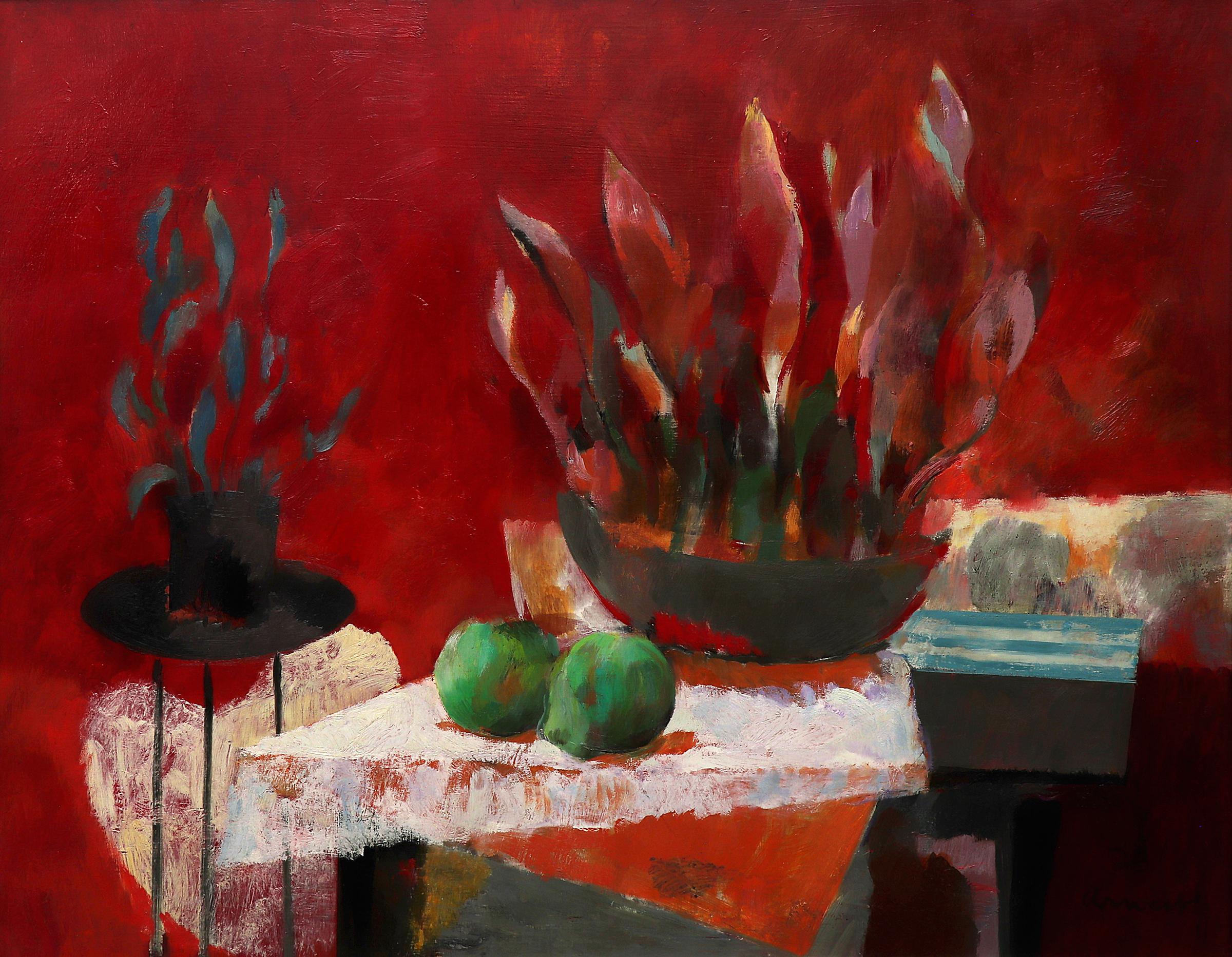 Nature morte moderne américaine des années 1950 à l'huile avec motifs floraux, rose rouge 3