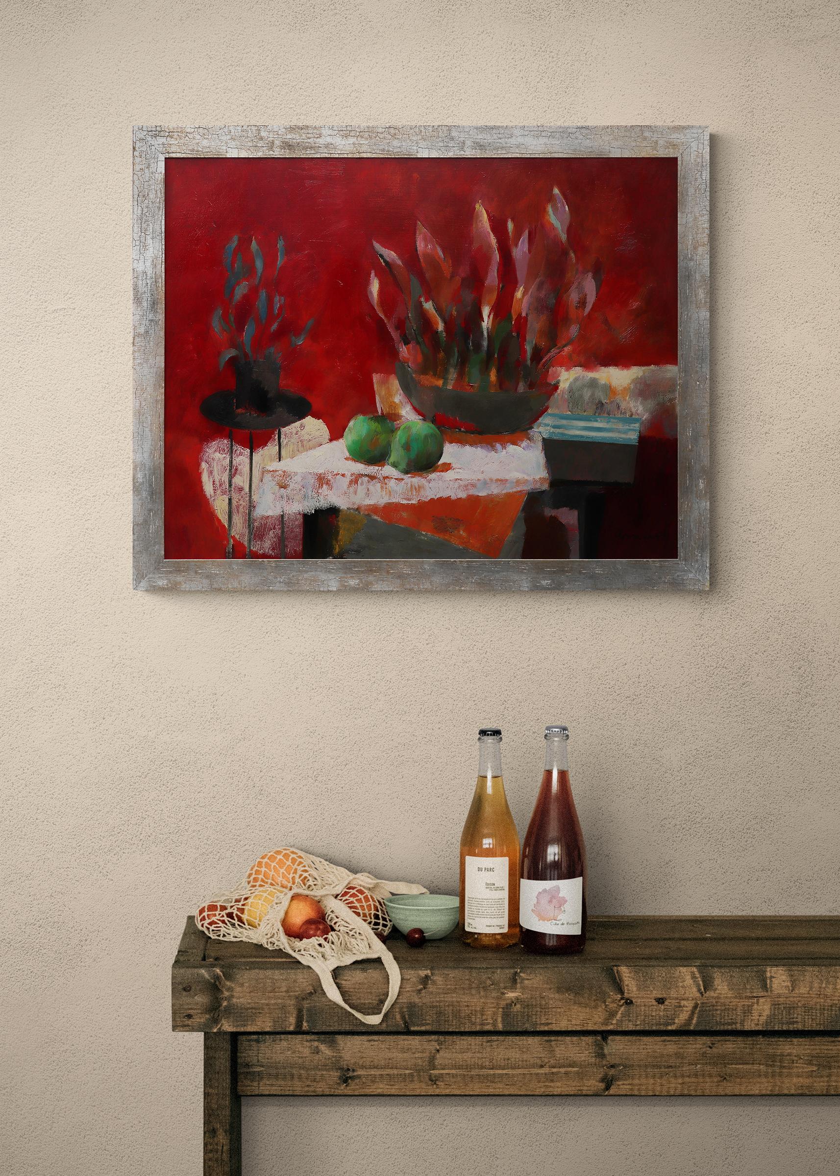 Nature morte moderne américaine des années 1950 à l'huile avec motifs floraux, rose rouge 4