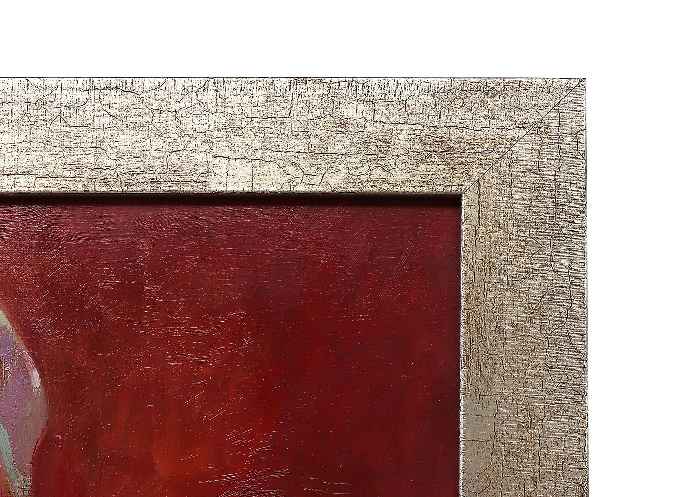 Nature morte moderne américaine des années 1950 à l'huile avec motifs floraux, rose rouge 6