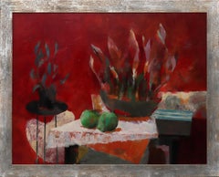 1950s American Modern Still Life Oil Painting with Floral Arrangement, Red Pink