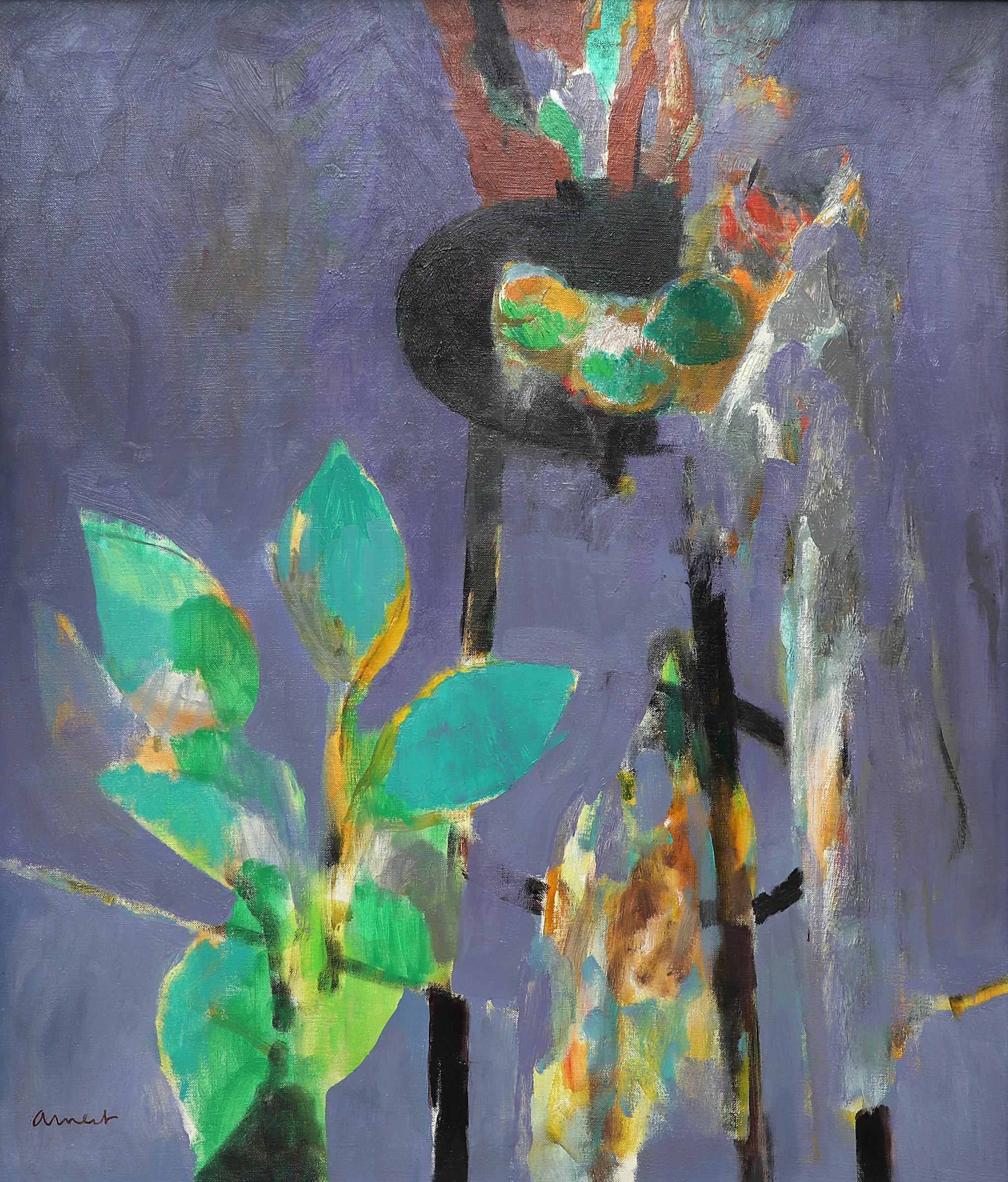 1950er Jahre Gerahmtes Abstraktes Stillleben Ölgemälde, Blau Grün Schwarz Orange Weiß – Painting von Bernard Arnest