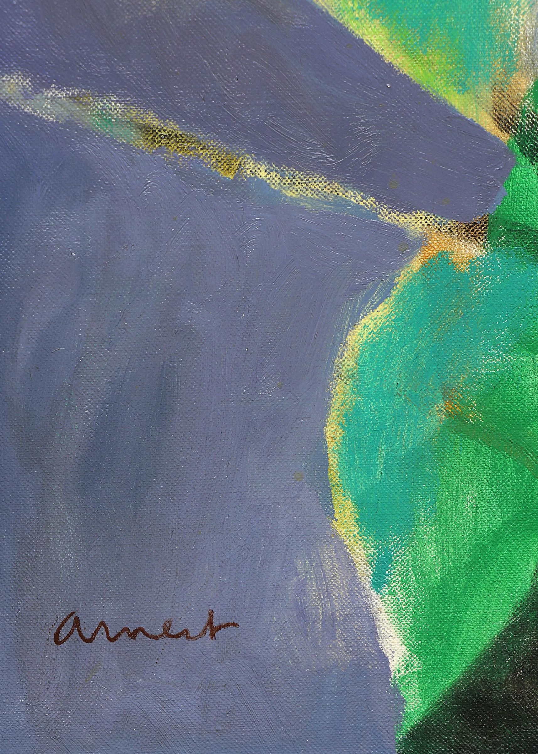 1950er Jahre Gerahmtes Abstraktes Stillleben Ölgemälde, Blau Grün Schwarz Orange Weiß (Grau), Abstract Painting, von Bernard Arnest