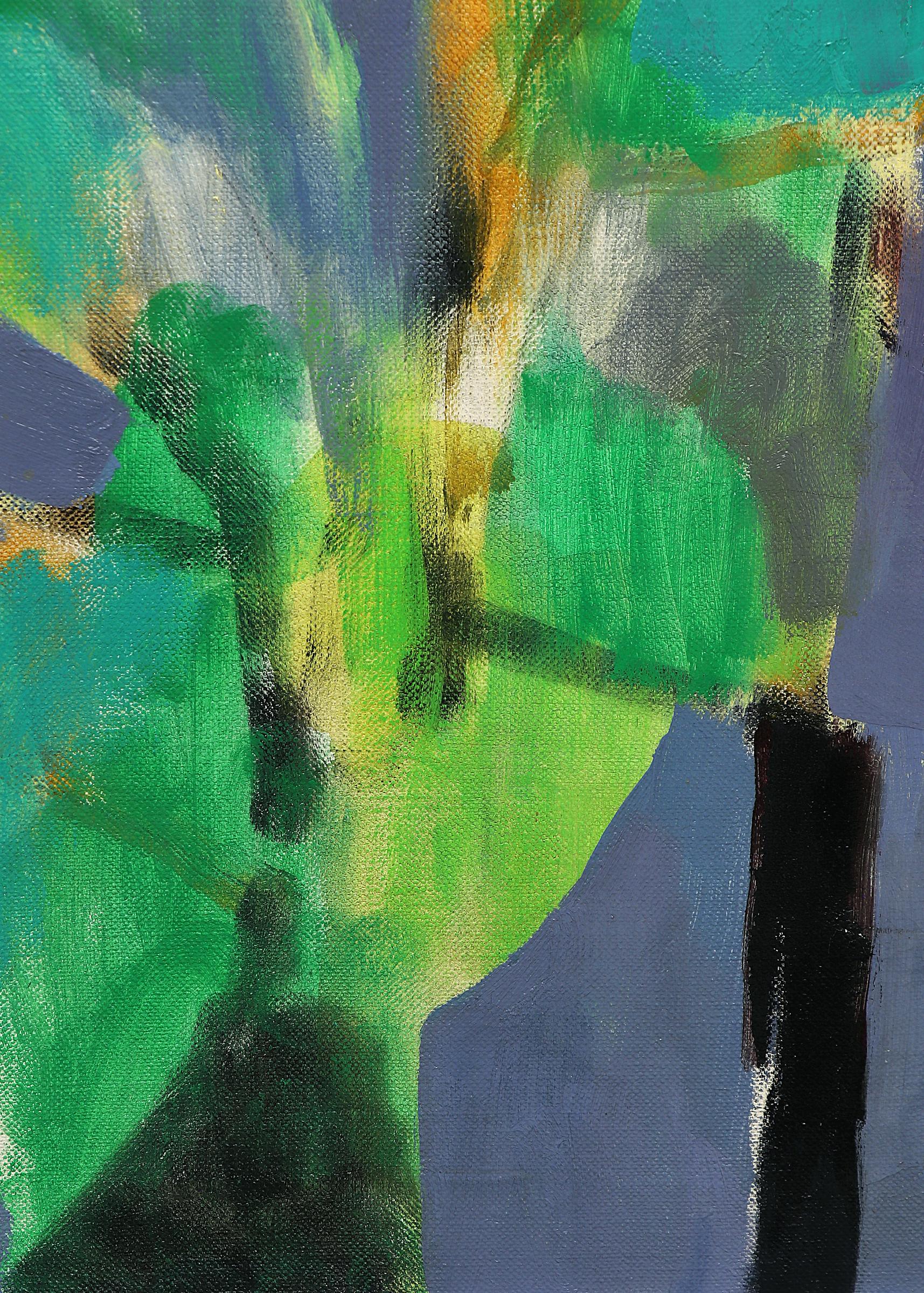 Untitled (Fruit, Leaves, Spotted Cloth) Öl auf Leinwand, signiert von Bernard Arnest (1917-1986), 1959. Abstrahiertes Stillleben mit Früchten und Blättern auf lila/grauem Hintergrund. Präsentiert in einem maßgefertigten Rahmen mit den Maßen 43 x 36