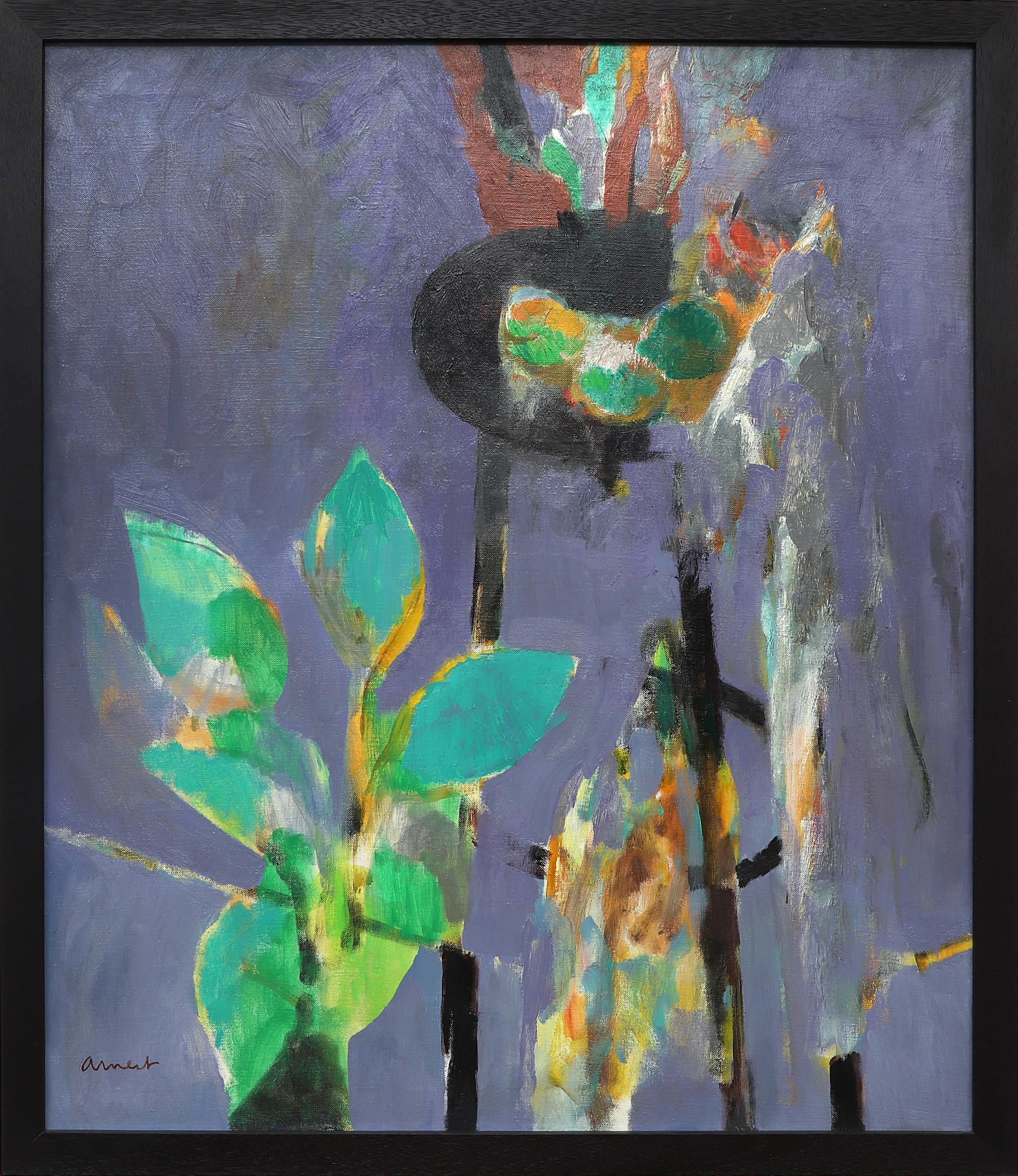 Bernard Arnest Abstract Painting – 1950er Jahre Gerahmtes Abstraktes Stillleben Ölgemälde, Blau Grün Schwarz Orange Weiß