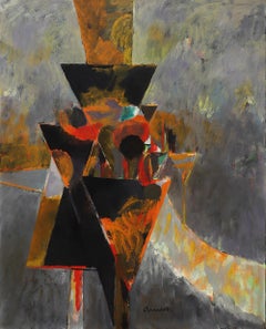 Bernard Arnest “Signals, Orange/Black” 1962 Abstract Oil Painting, Signed, Frame