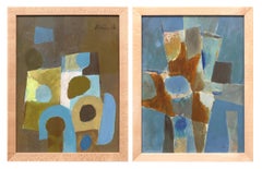 Pair of 1950s Original Signed Oil Abstract Paintings, Blue Brown, Tan, Gray