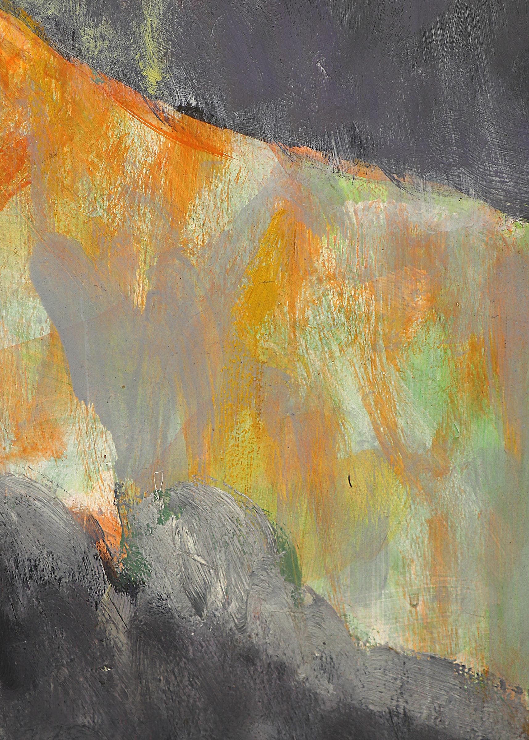Signal, orange/noir, peinture à l'huile géométrique abstraite des années 1960, Broadmoor Academy - Marron Abstract Painting par Bernard Arnest
