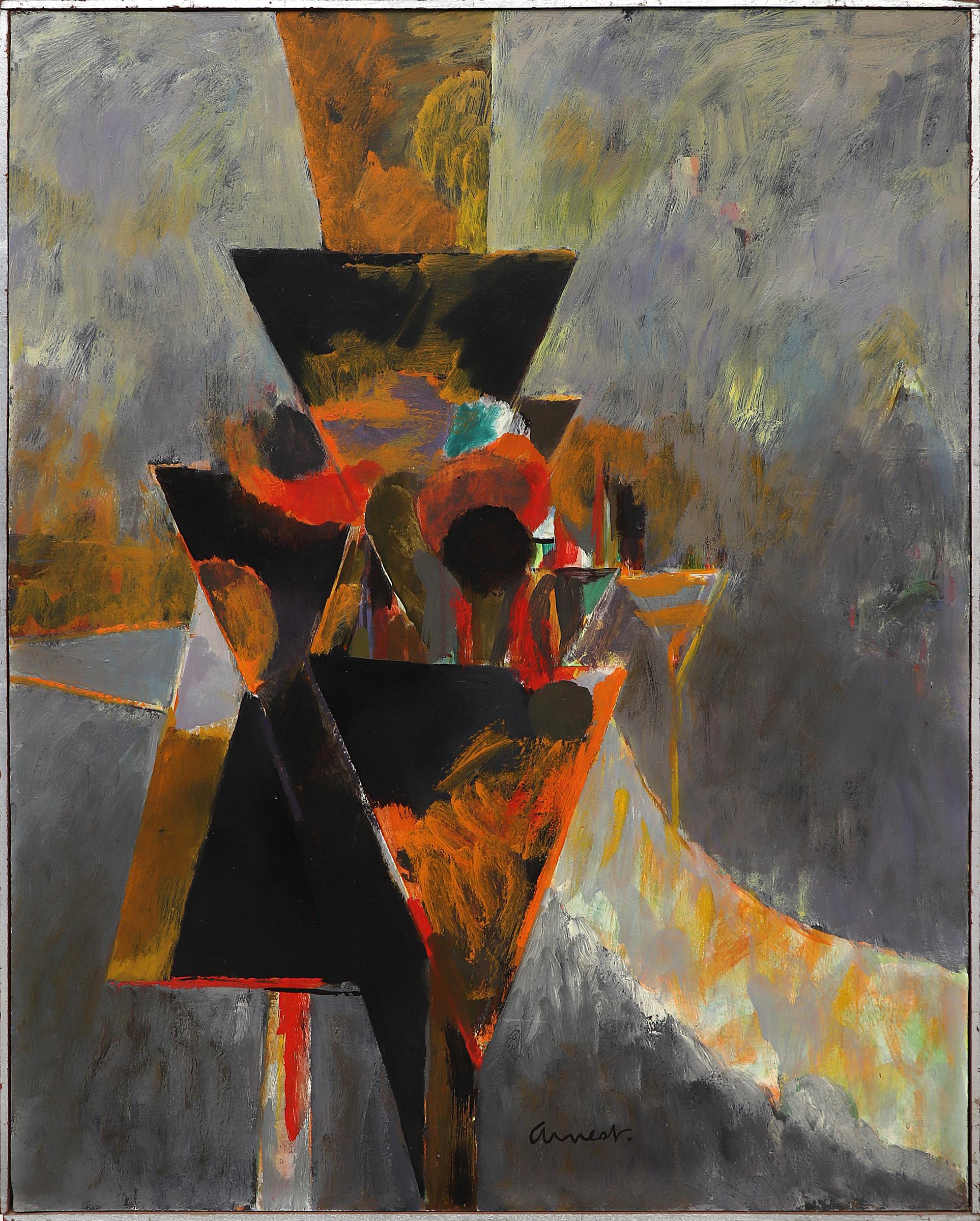 Bernard Arnest Abstract Painting – Signals, Orange/Schwarz, 1960er Jahre Abstraktes geometrisches Ölgemälde, Broadmoor Academy