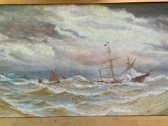 19th century British Marine School, ship in rough seas, with setting Sun