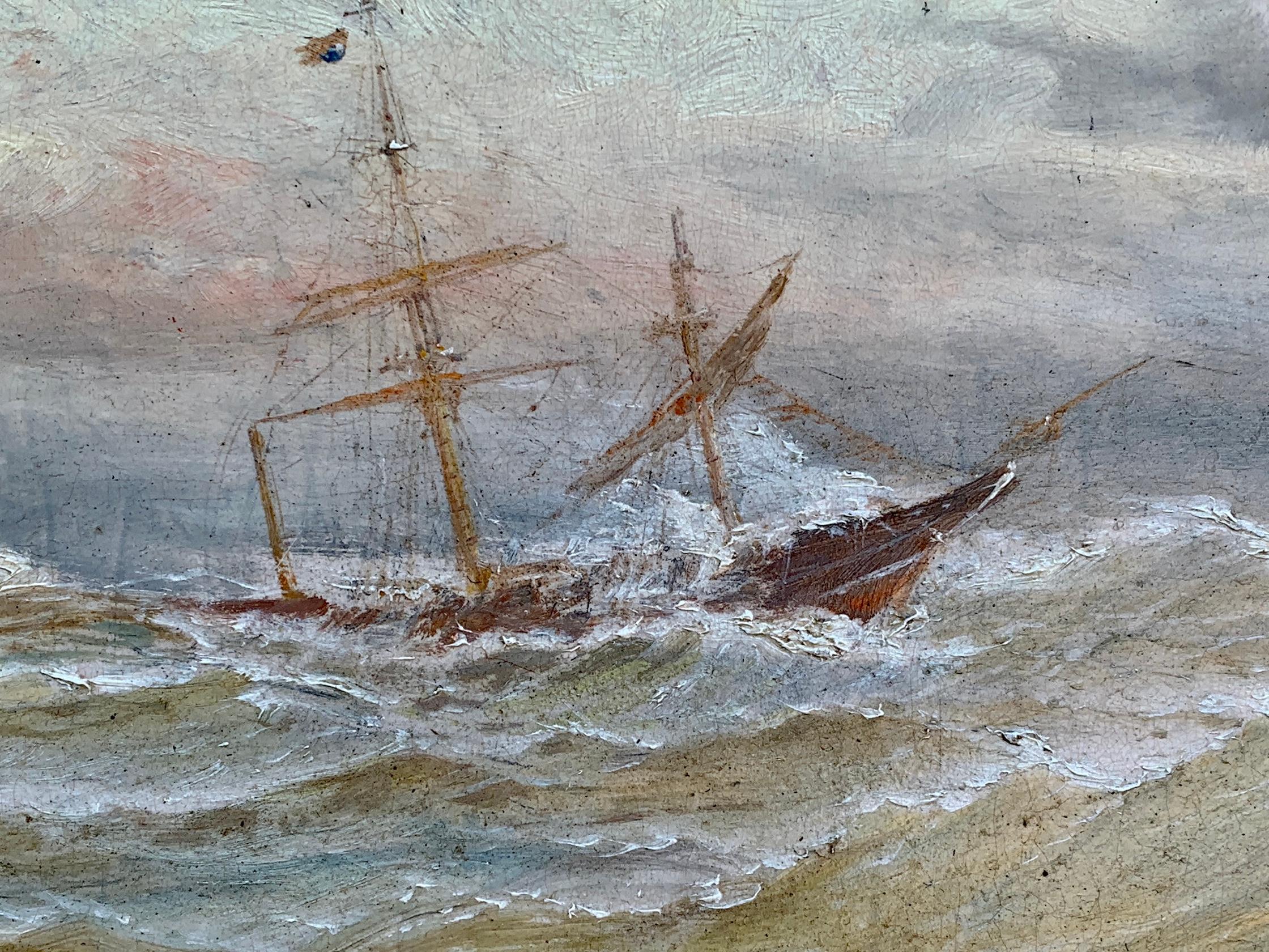 19th century British Marine School, ship in rough seas, with setting Sun - Victorian Painting by Bernard Benedict Hemy