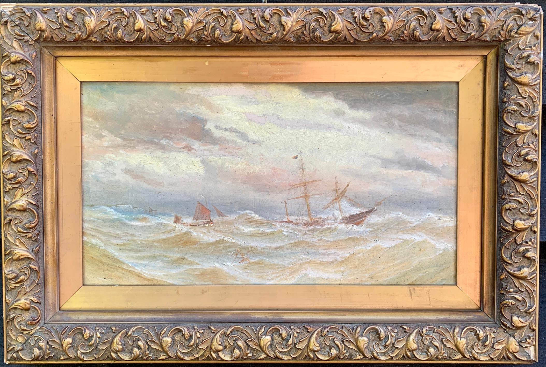 Landscape Painting Bernard Benedict Hemy - École de marine britannique du 19e siècle, navire dans des mers rugueuses, avec un soleil couchant