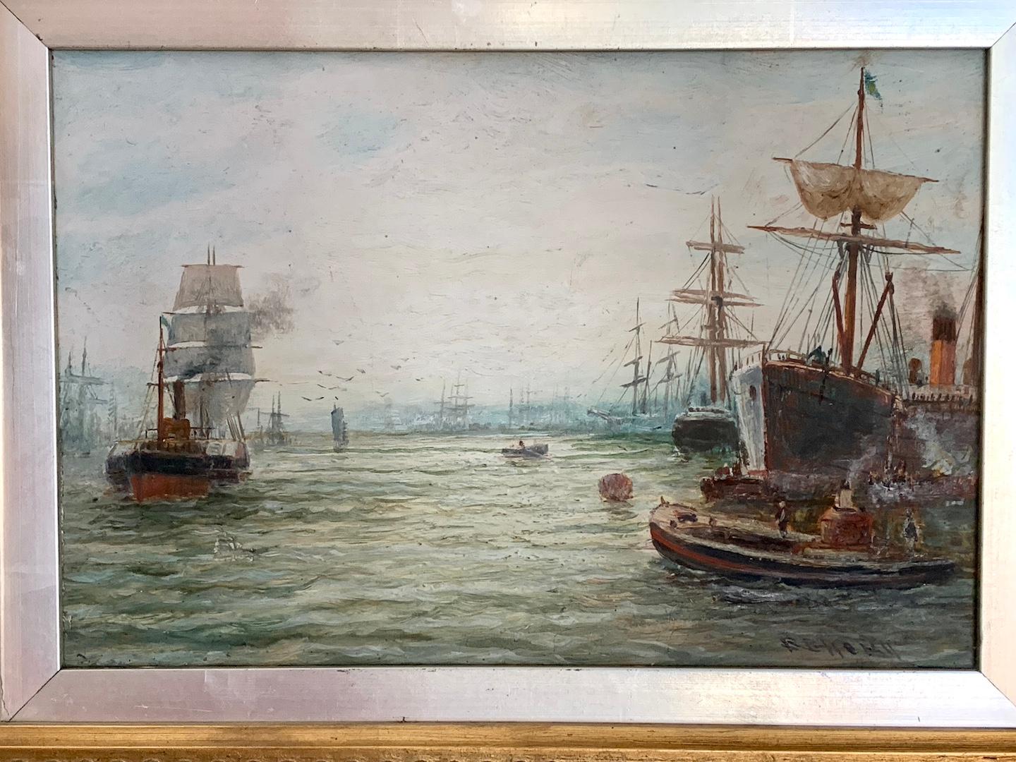19th century English marine, The Thames at the Pool of London, original frame - Painting by Bernard Benedict Hemy
