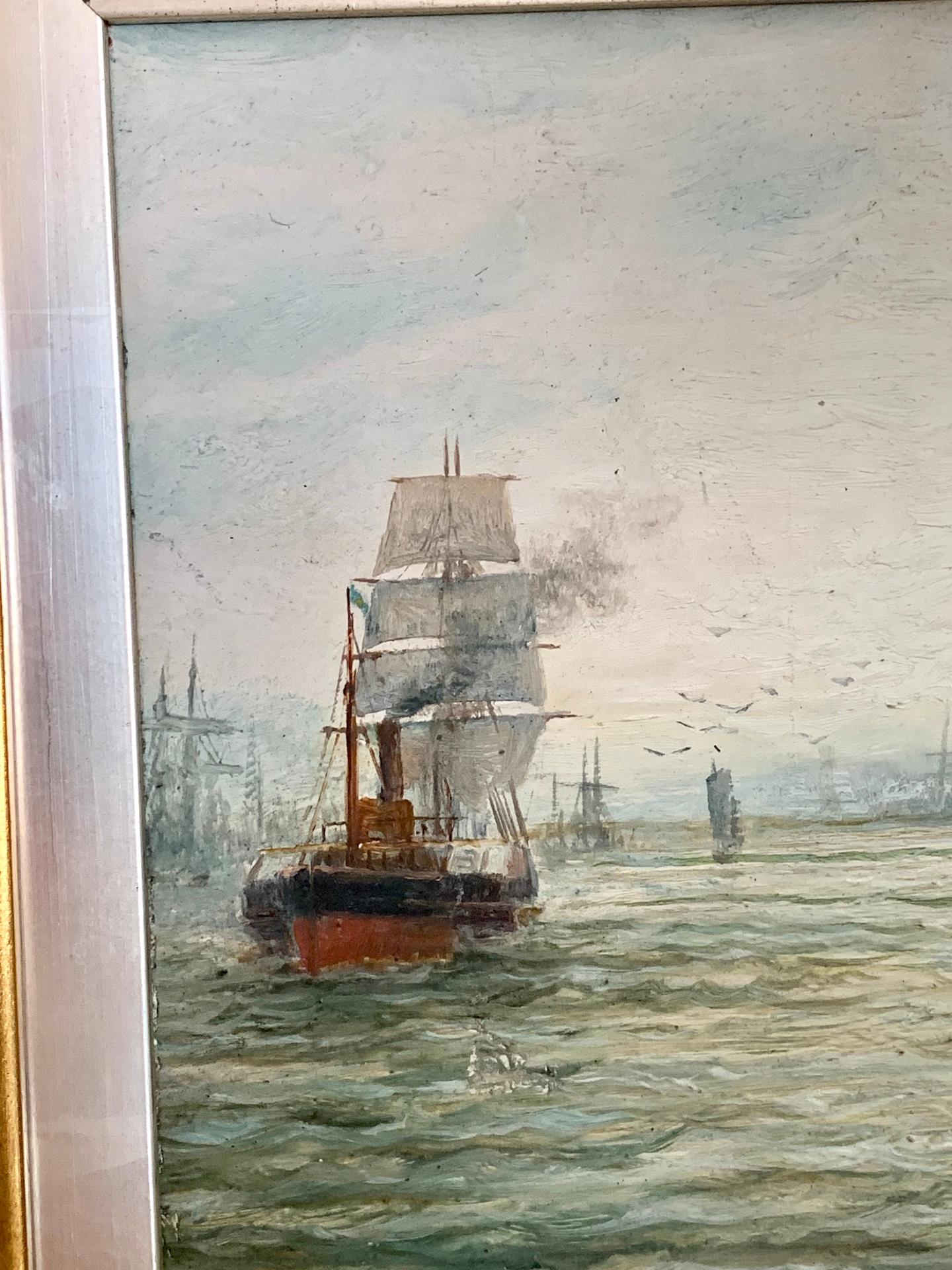 Englische Marine des 19. Jahrhunderts, The Thames at the Pool of London, Originalrahmen (Viktorianisch), Painting, von Bernard Benedict Hemy