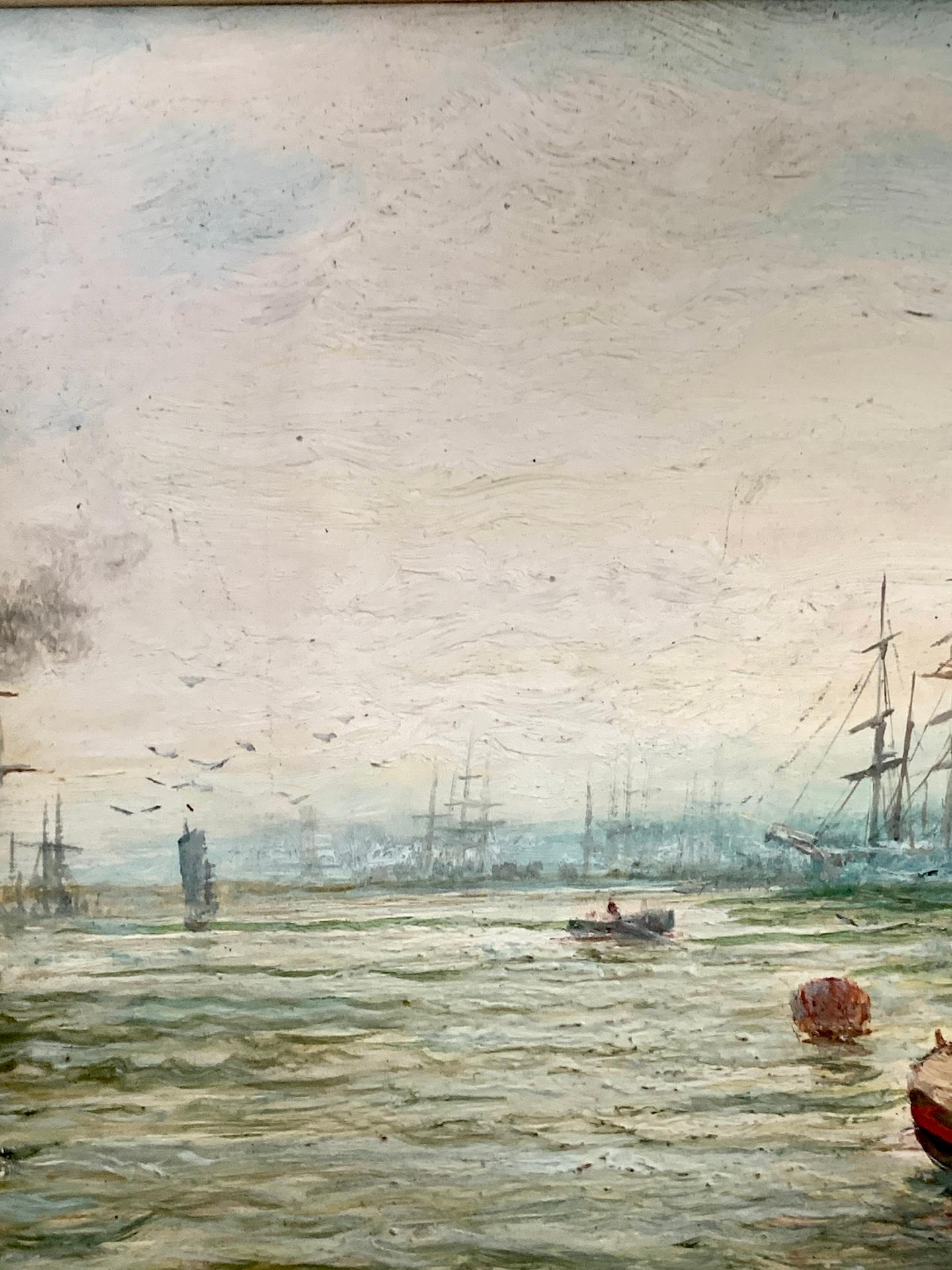 Marine anglaise du XIXe siècle, La Tamise à la piscine de Londres, cadre original - Victorien Painting par Bernard Benedict Hemy