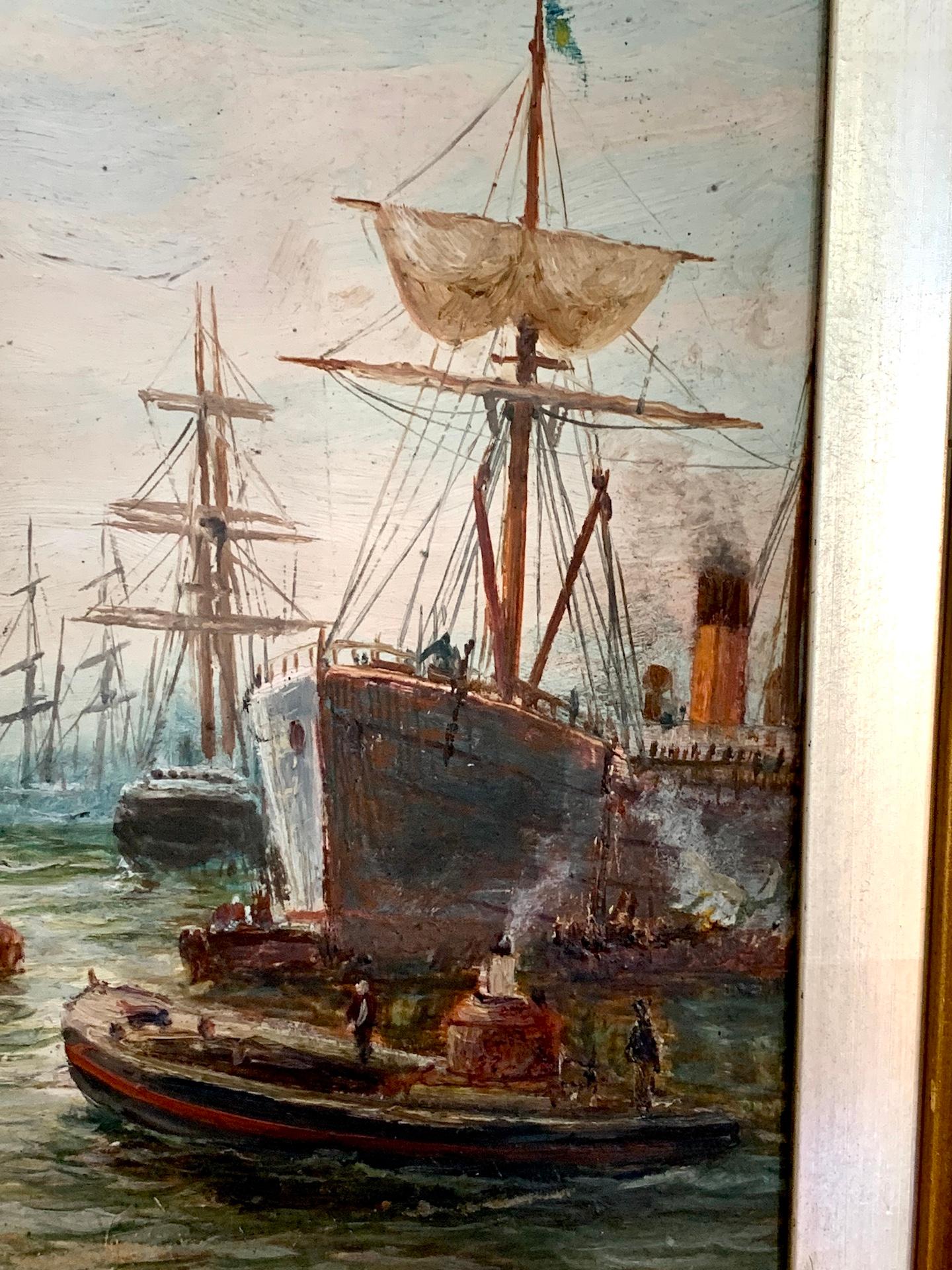19th century English marine, The Thames at the Pool of London, original frame - Victorian Painting by Bernard Benedict Hemy