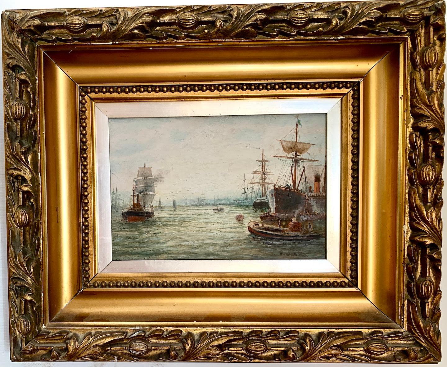 Figurative Painting de Bernard Benedict Hemy - Marina inglesa del siglo XIX, El Támesis en el estanque de Londres, marco original