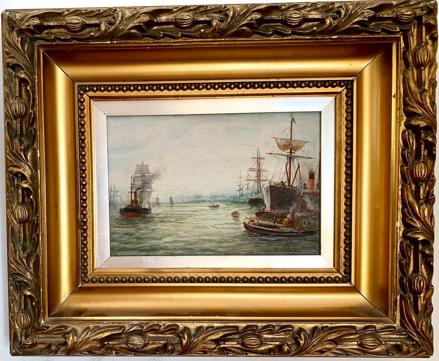 19th century English marine, The Thames at the Pool of London, original frame