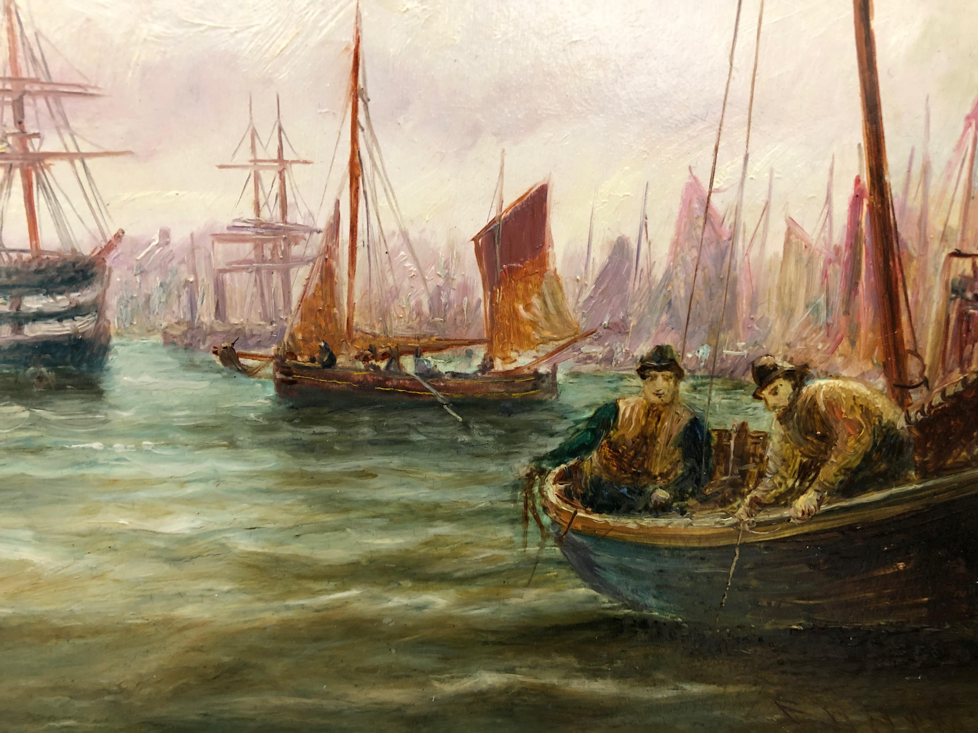 Northern Harbour Views - Pair Of Maritime Oil Paintings By Bernard Hemy 7