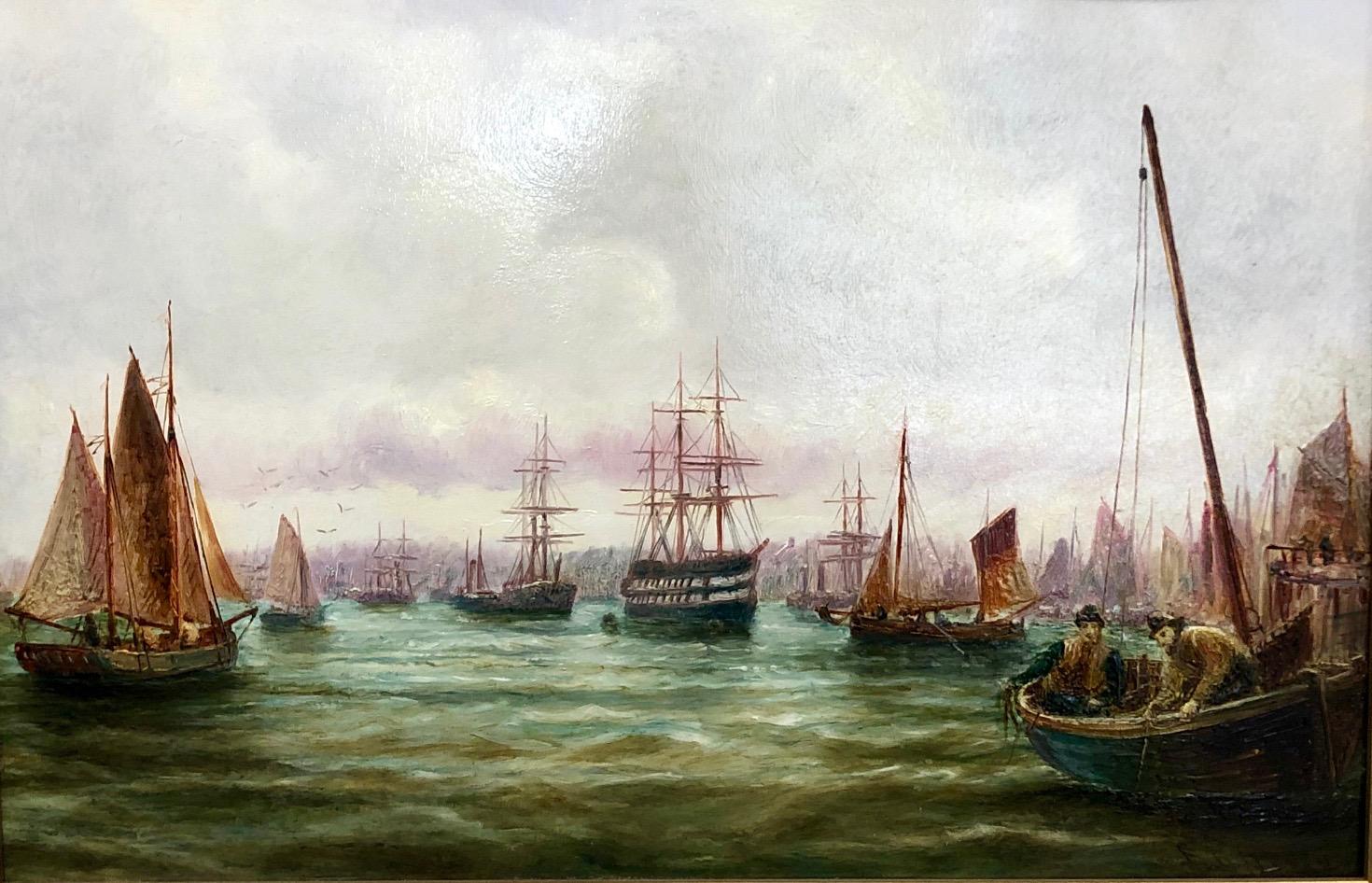 Northern Harbour Views - Pair Of Maritime Oil Paintings By Bernard Hemy - Gray Landscape Painting by Bernard Benedict Hemy
