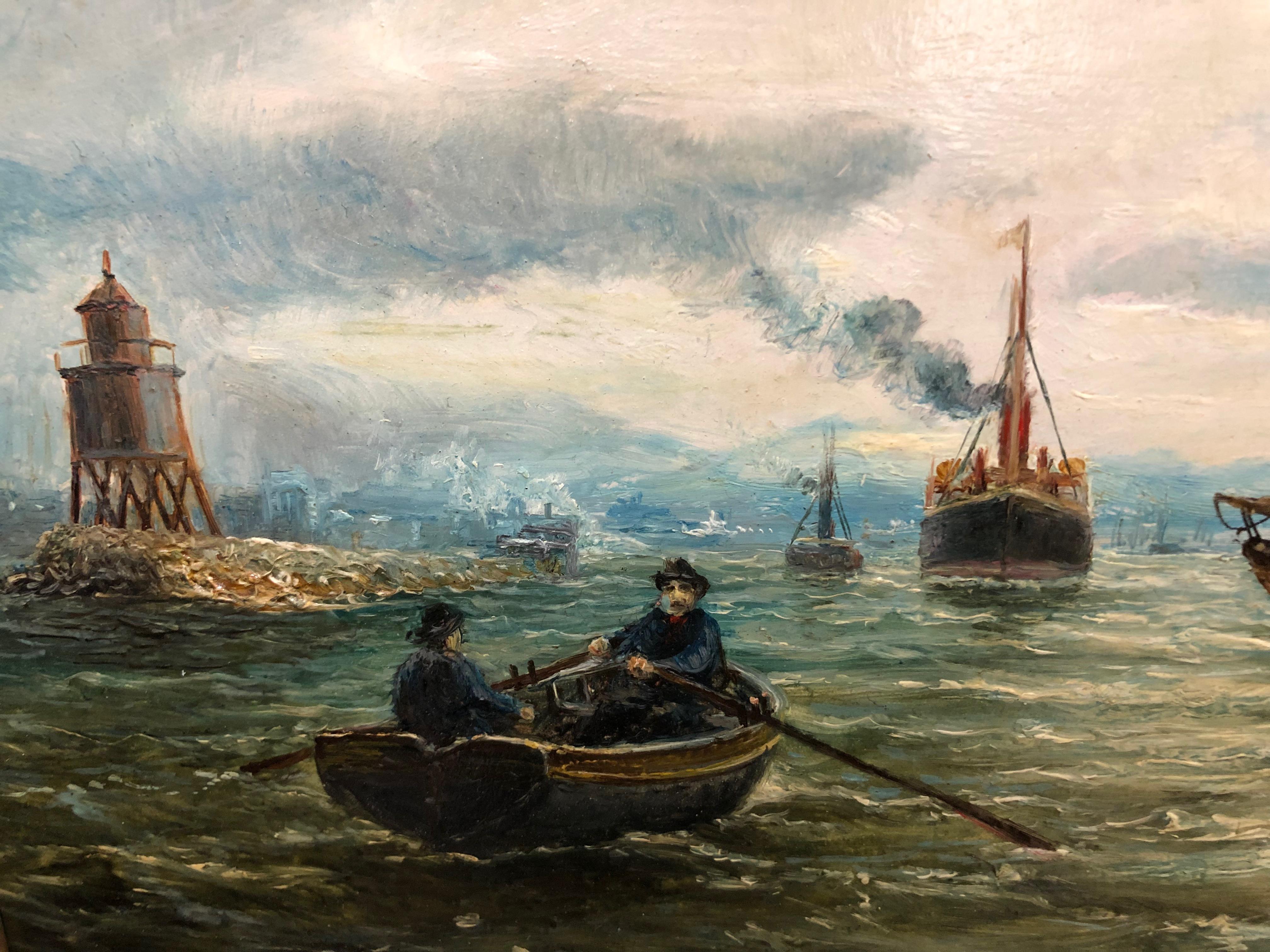 Northern Harbour Views - Pair Of Maritime Oil Paintings By Bernard Hemy 1