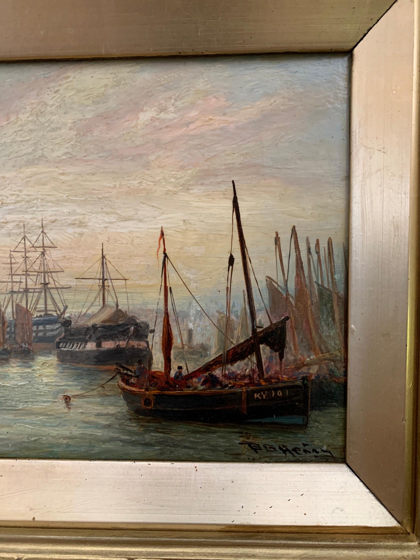 Pair of English 19th century marine scenes, Tyne and Wear harbor at sunrise - Victorian Painting by Bernard Benedict Hemy