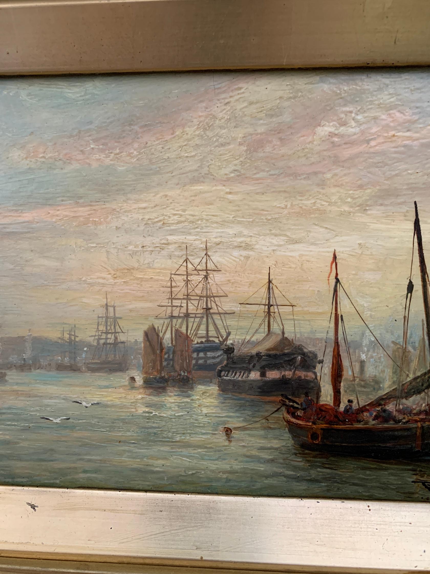Pair of English 19th century marine scenes, Tyne and Wear harbor at sunrise - Brown Landscape Painting by Bernard Benedict Hemy